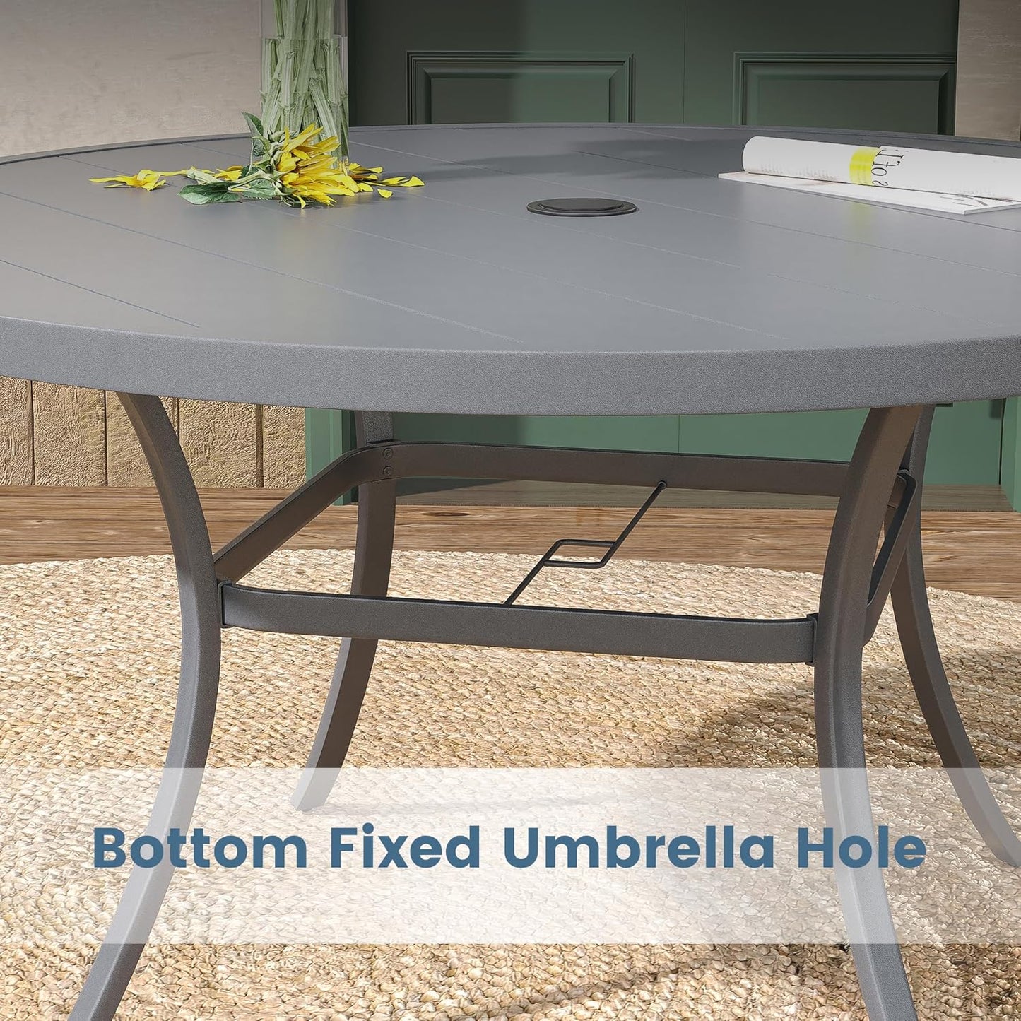 DIFY 50" Round Outdoor Patio Dining Table for 6, Metal Patio Table with 1.57" Adjustable Umbrella Hole, All-Weather Dining Furniture Table for Backyard Lawn Garden, Grey