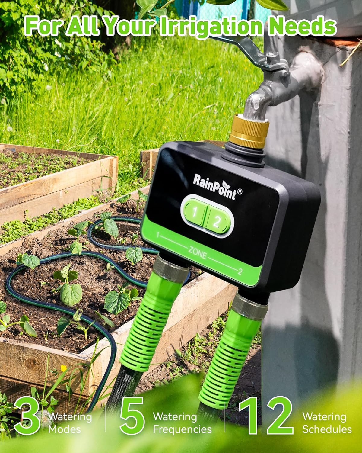 RainPoint WiFi Water Timer for Garden Hose with Brass Inlet, 2-Zone Smart Hose Timer, WiFi Irrigation Controller, Automatic Sprinkler Watering System for Lawns and Yard