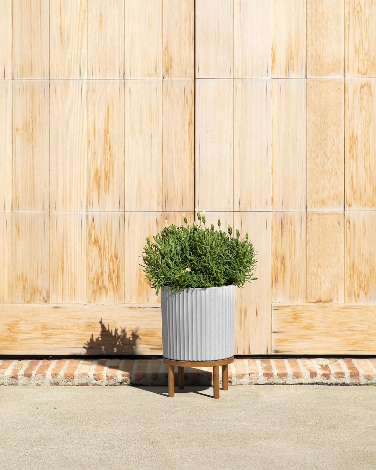 Veradek Demi Series Round Planter w/ Stand for Porch/Patio | Durable Plastic-Concrete & Wooden Stand | Modern Décor for Tall Plants, Flowers