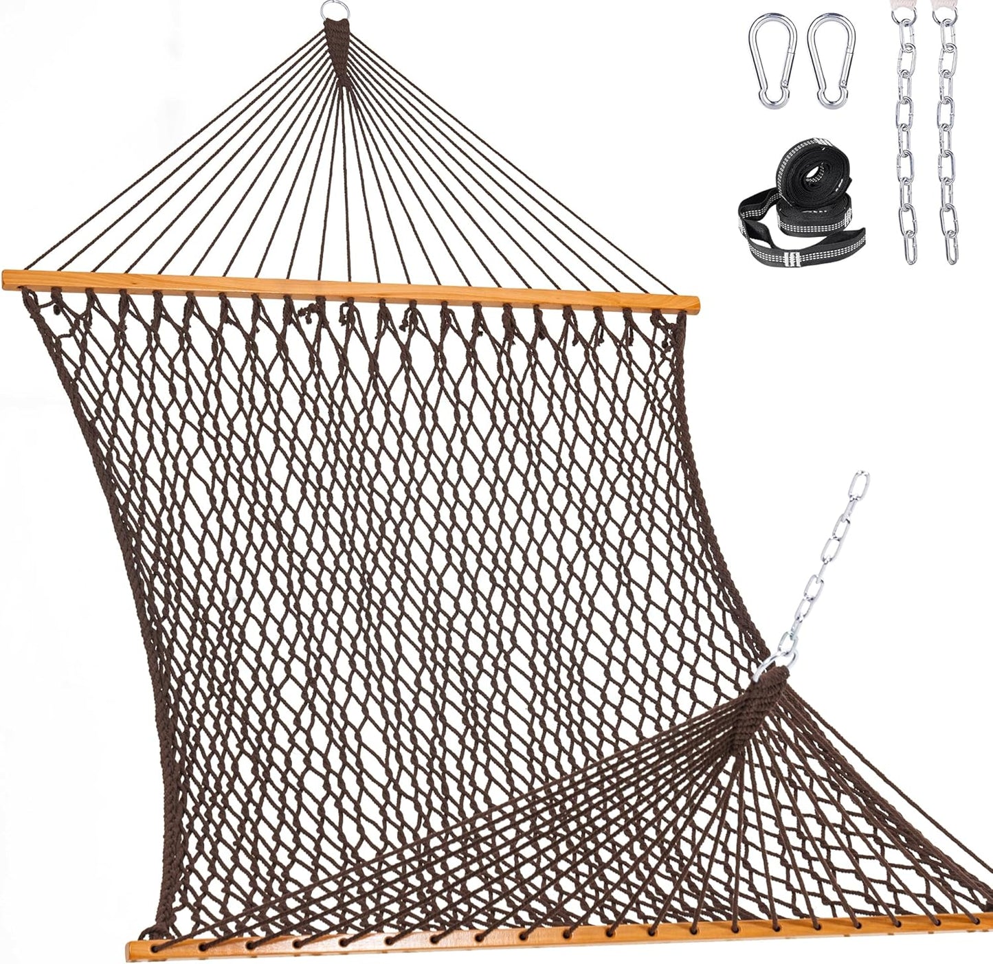 Lazy Daze Hammocks Double Rope Hammock, 2 Person Traditional Outdoor Hand Woven Cotton Rope Hammock with Spreader Bar, Chains, Tree Straps for Patio Yard - Max 450 Lbs, Dark Brown