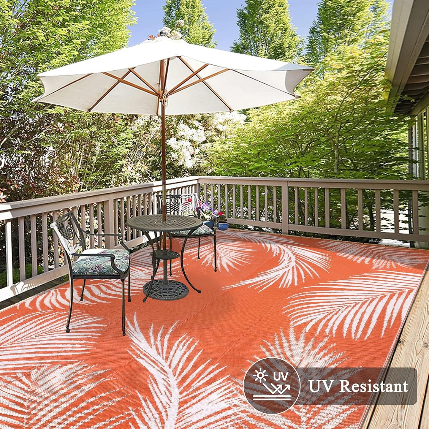 Pauwer Waterproof Outdoor Rug 8x10, Reversible Plastic Straw Patio Camping Rug, Indoor Outdoor RV Mat Carpet for Deck, Camper, Porch, Balcony, Backyard, Picnic, Leaf Orange