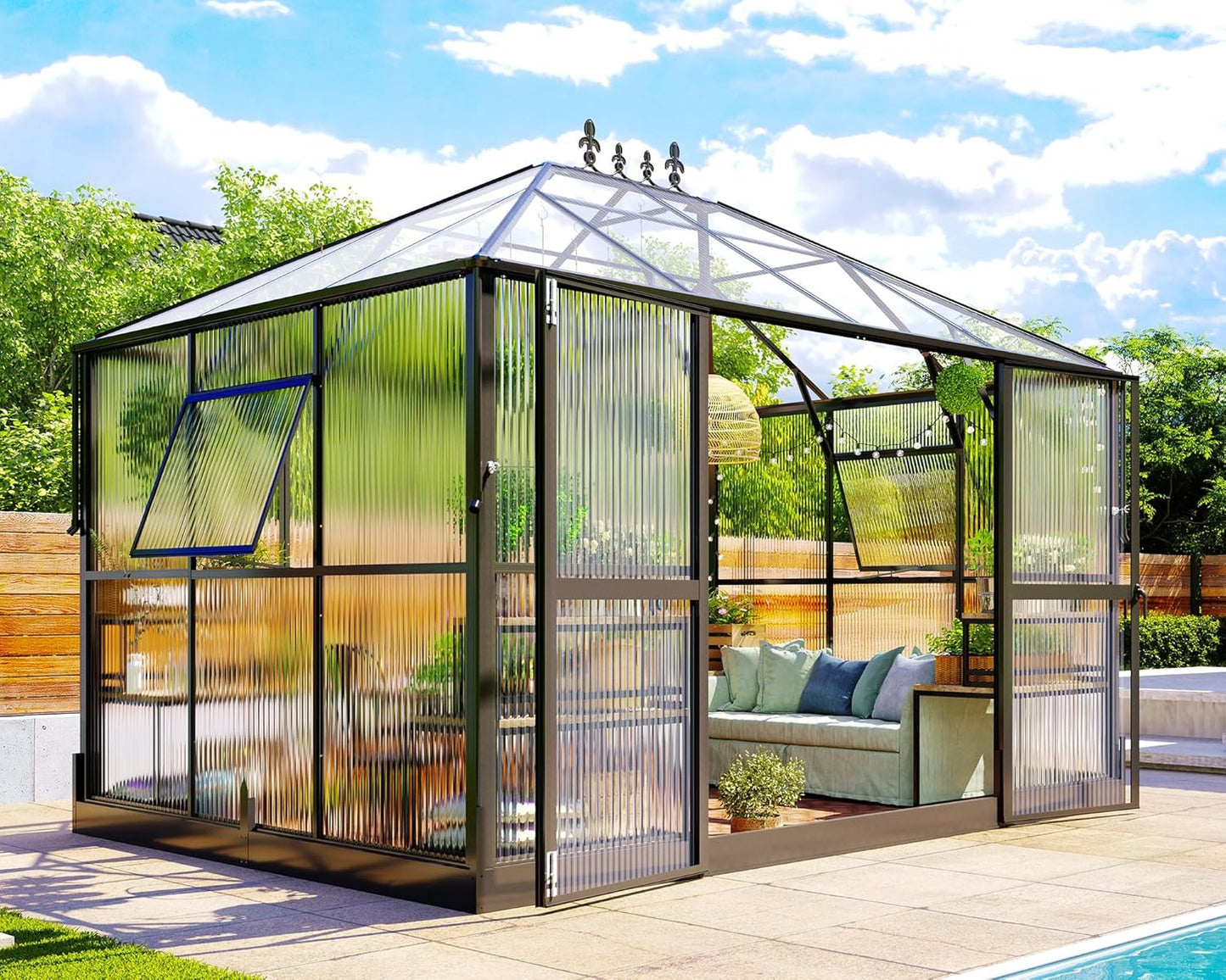 Jocisland 11x8.3x8.6 FT Polycarbonate Greenhouse- 6 FT Wall Height Outdoor Aluminum Greenhouses with 2 Ventilation and Rain Gutter, Double Doors with Hook, Walk-in Greenhouse for Backyard Garden