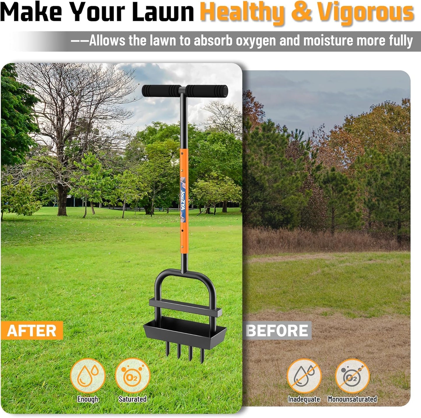 Lawn Aerator Coring Tool with Soil Core Collection Tray, 4 Tines Manual Yard Air Grass Aerator Gardening Tool for Lawn Care Courtyard,Orange（Updated Box）