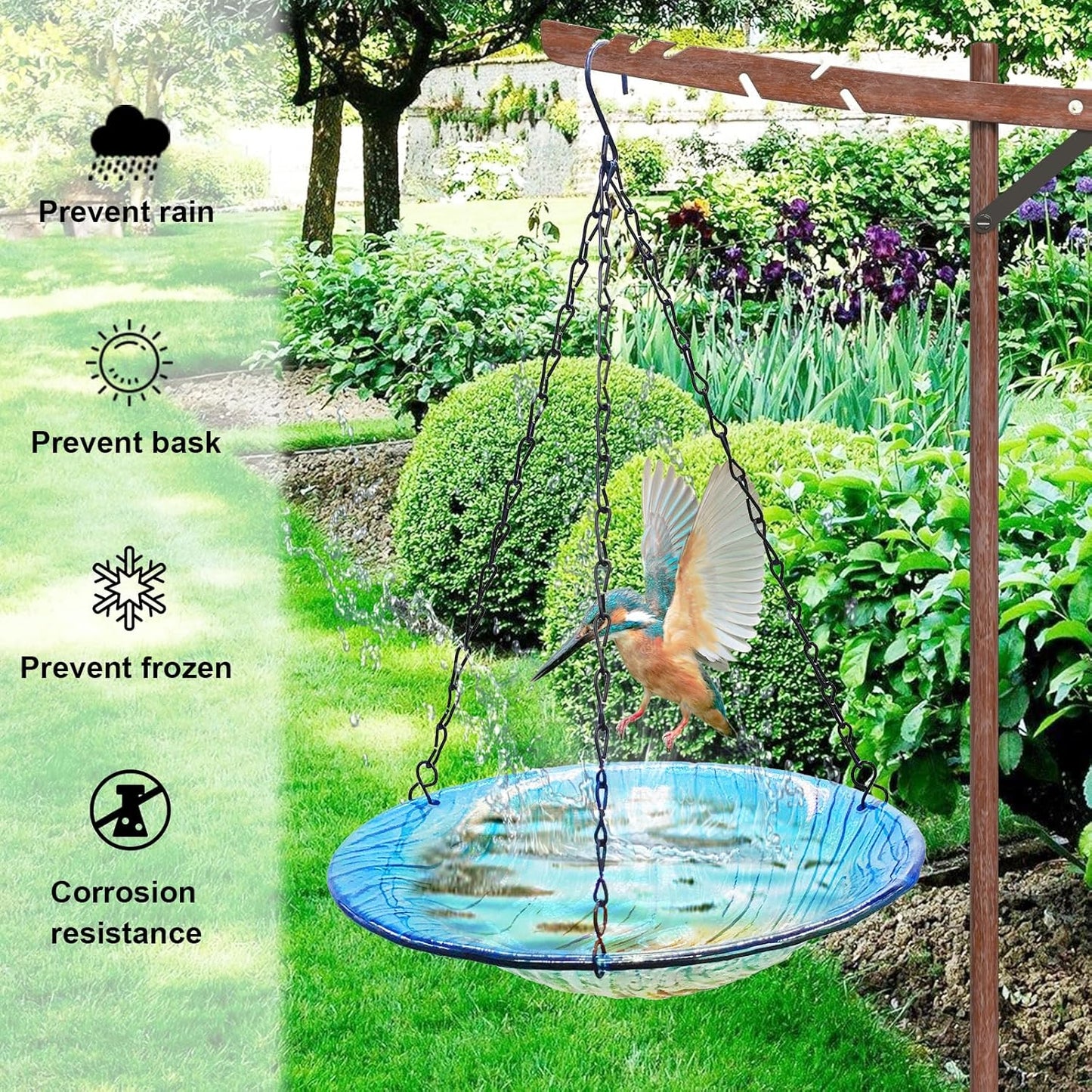 Hanging birdbath, Outdoor Glass birdbath, Bird Feeder with Blue-Orange Texture Pattern for Garden Patio Decoration