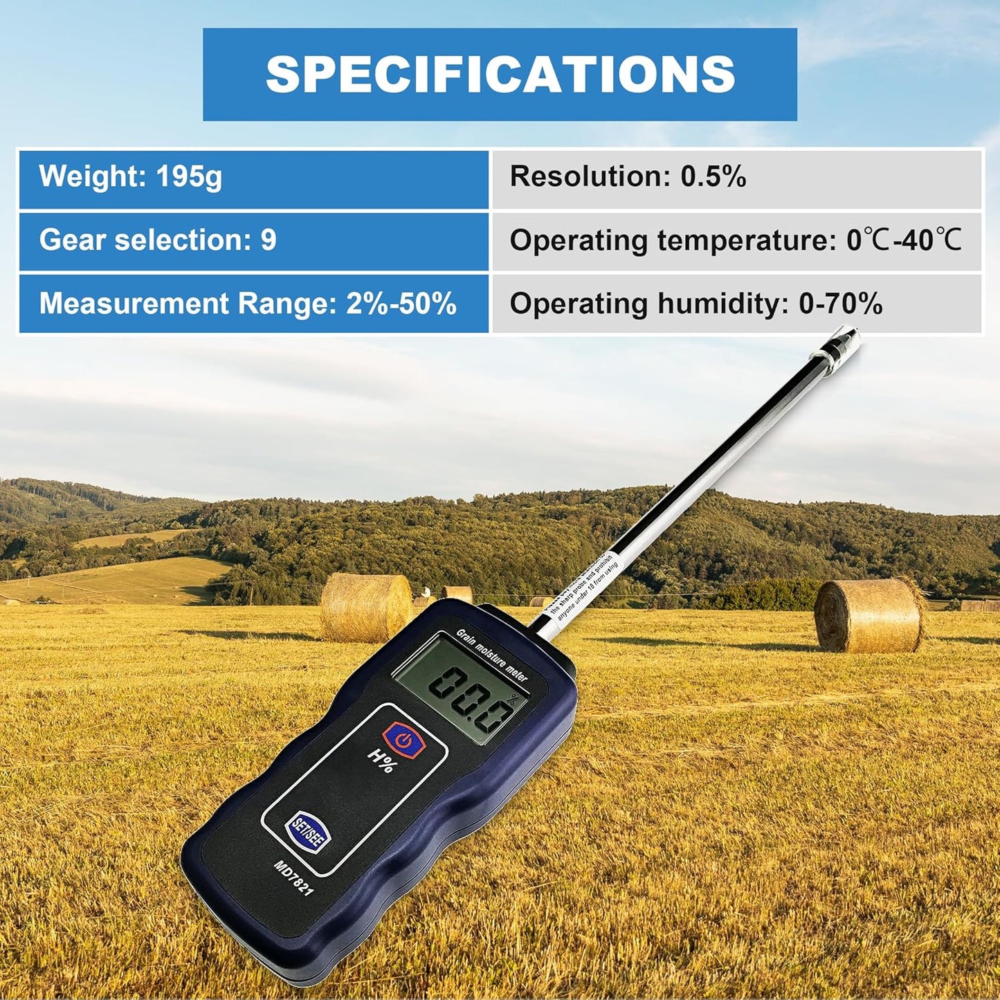 Grain Moisture Meter High Precision Grain Moisture Tester with Temperature Compensation Portable Seed Moisture Meter for 9 Grains Including Wheat, Rice, Corn, Millet, Un-husked & Husked Rice