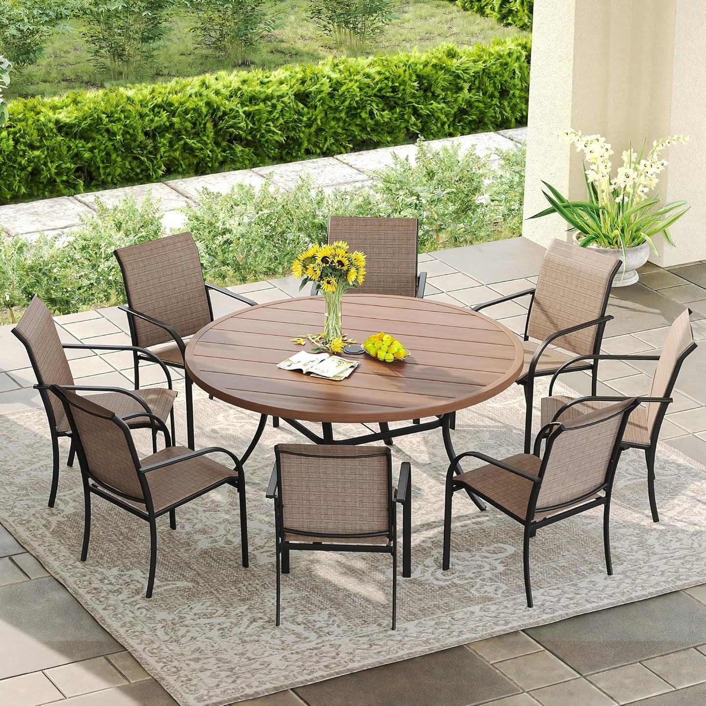 DIFY Patio Round Dining Table, 53" All Weather Round Outdoor Table with 1.57" Umbrella Hole for 8 Person, Perfect for Yard, Balcony and Lawn, Walnut