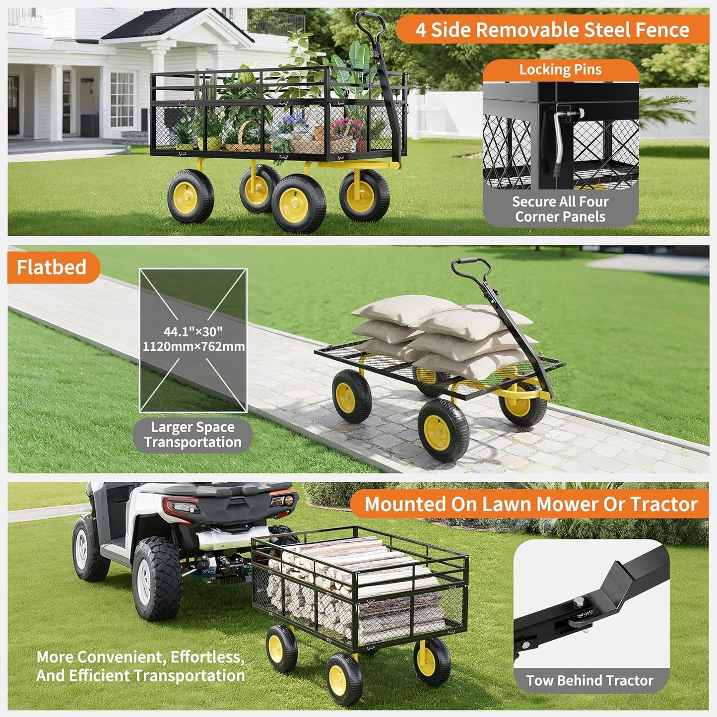 3-in-1 Heavy-Duty Steel Garden Cart, 1400 Lbs Garden Wagon, with 13 Inch All-Terrain Tires and Removable Mesh Side Panels, 180° Rotating Handle, Metal Utility Yard Trailer, Outdoor Gardens Wagon Cart
