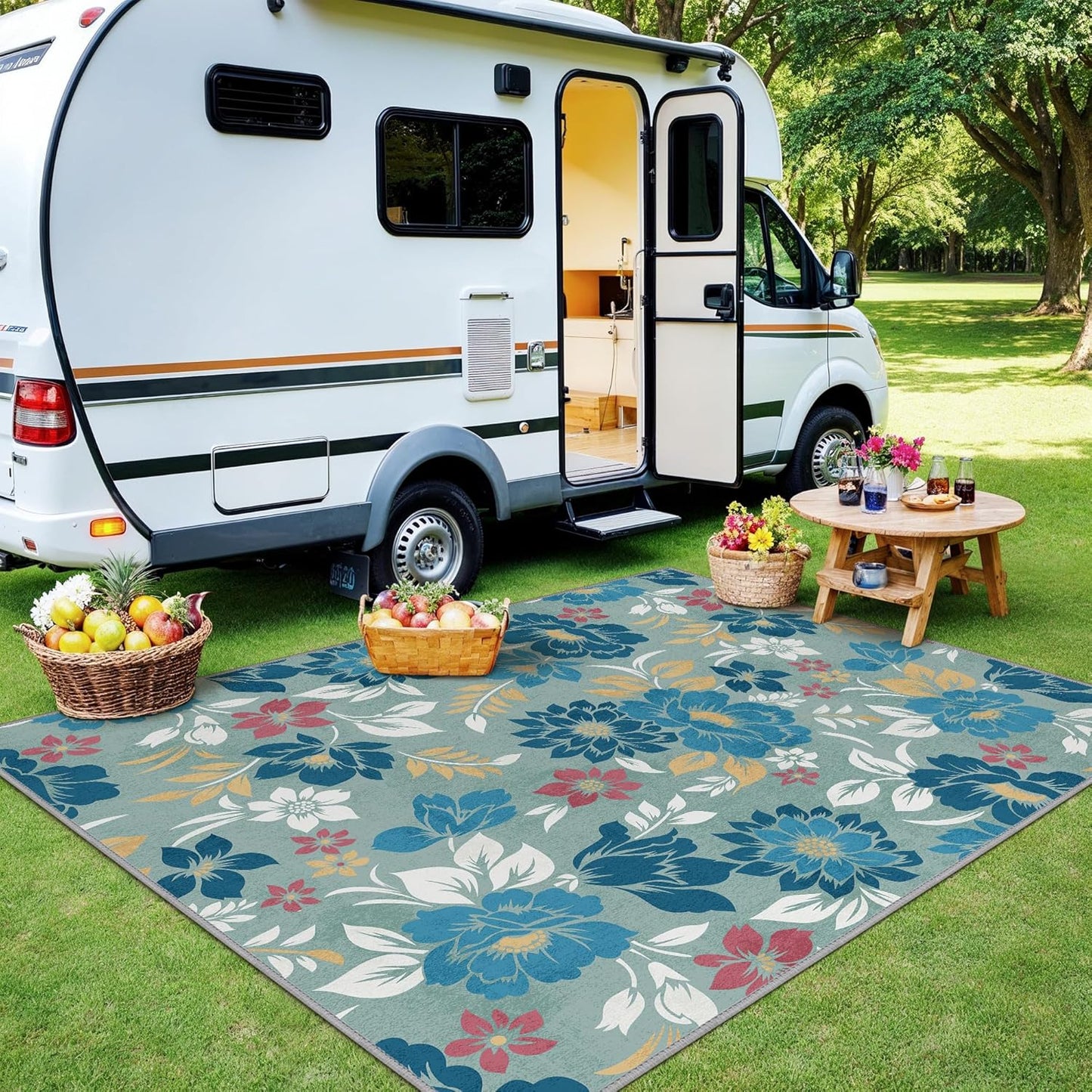 GENIMO Indoor Outdoor Area Rug 6' X 9' Waterproof, Washable Patio Rug Non Shedding, Easy Cleaning Floral Outdoor Carpet for Living Room, Bedroom, Dining Room, Balcony, Backyard, Deck, RV, Blue Grey