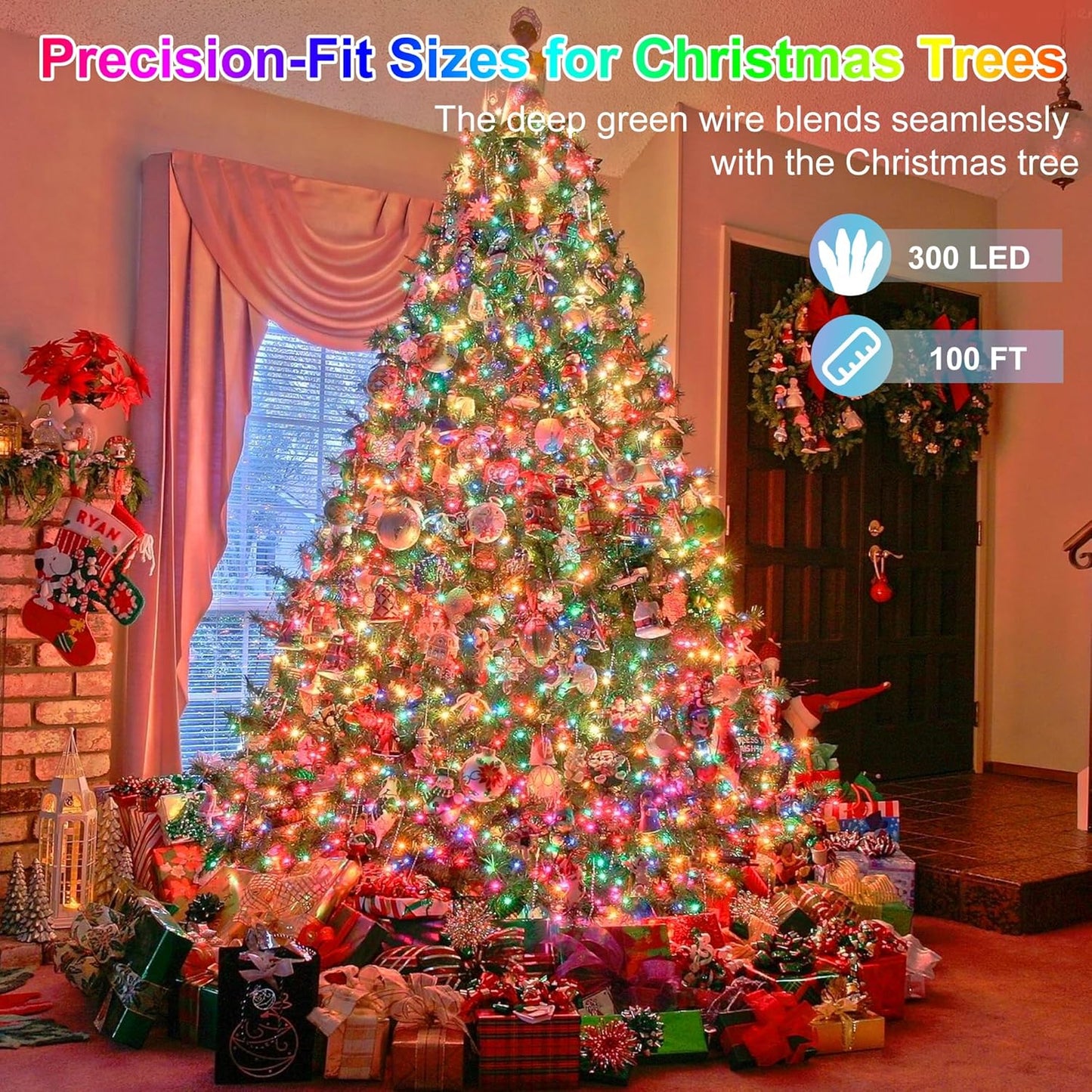 300LED Christmas Lights Indoor Outdoor Use Green Wire, 8 Lighting Modes 100FT Christmas Tree Lights with Timer & Memory, IP44 Waterproof for Tree Xmas Patio Yard Fence Balcony Garden Decor Multicolor