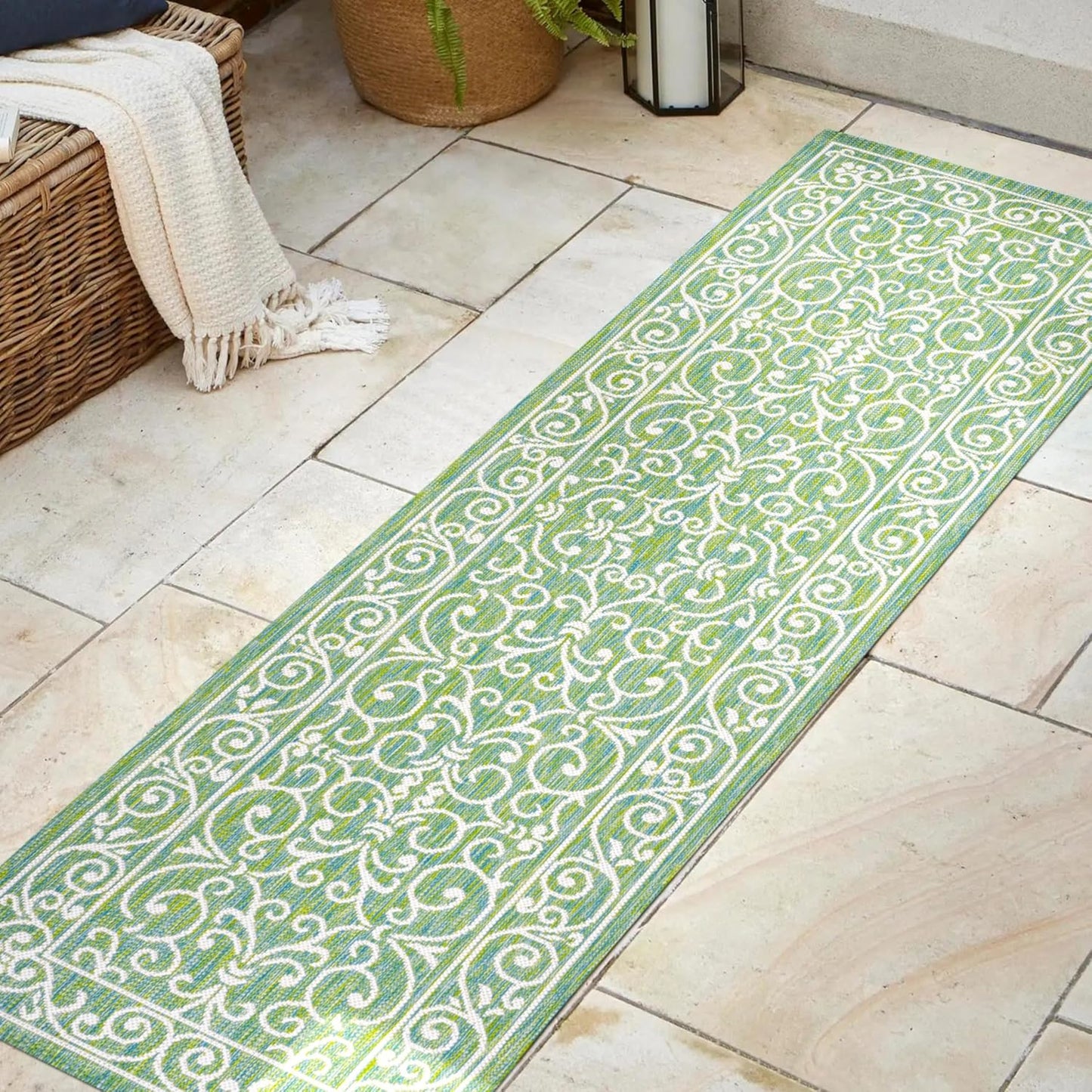 JONATHAN Y SMB106K-28 Charleston Vintage Filigree Textured Weave Indoor Outdoor Runner Rug, Classic, Traditional, Transitional Easy Clean,Bedroom,Kitchen,Backyard,Patio, Non-Shed, Green/Ivory, 2 X 8