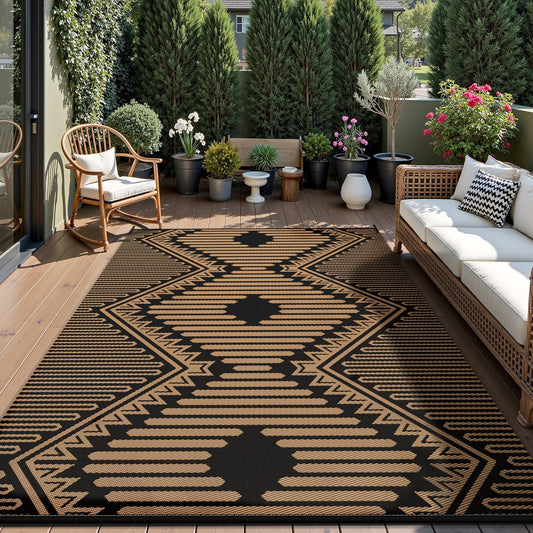 MontVoo Outdoor Rug-Waterproof Patio Rug Mat 5x8 Outdoor Carpet Mat Reversible Plastic Straw Outside Outdoor Rug for RV Camping Picnic Balcony Backyard Pool Deck Porch Modern Boho Black Brown