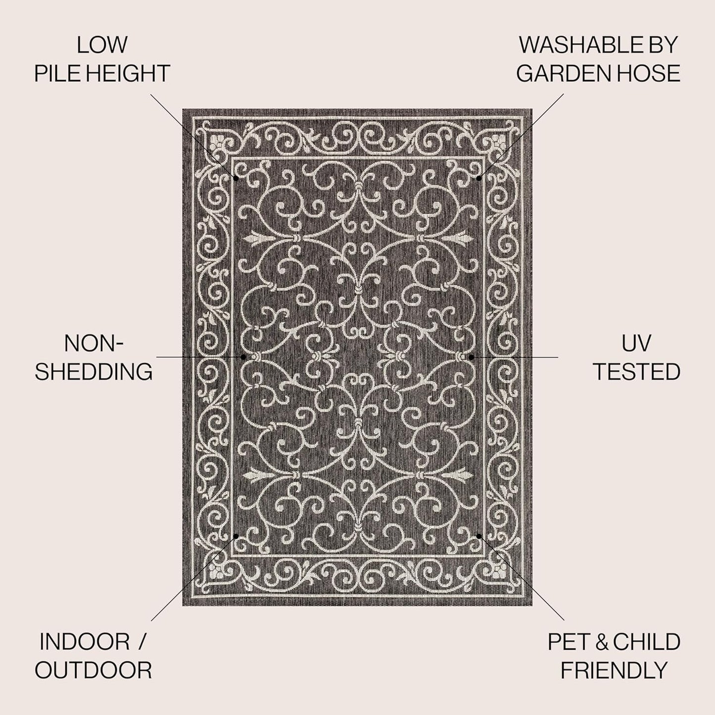 JONATHAN Y SMB106G-8SQ Charleston Vintage Filigree Textured Weave Black/Gray 8' Square Indoor/Outdoor Area Rug, Pet Friendly, Non-Shedding, Stain Resistant, Easy-Cleaning for Backyard, Patio, Porch