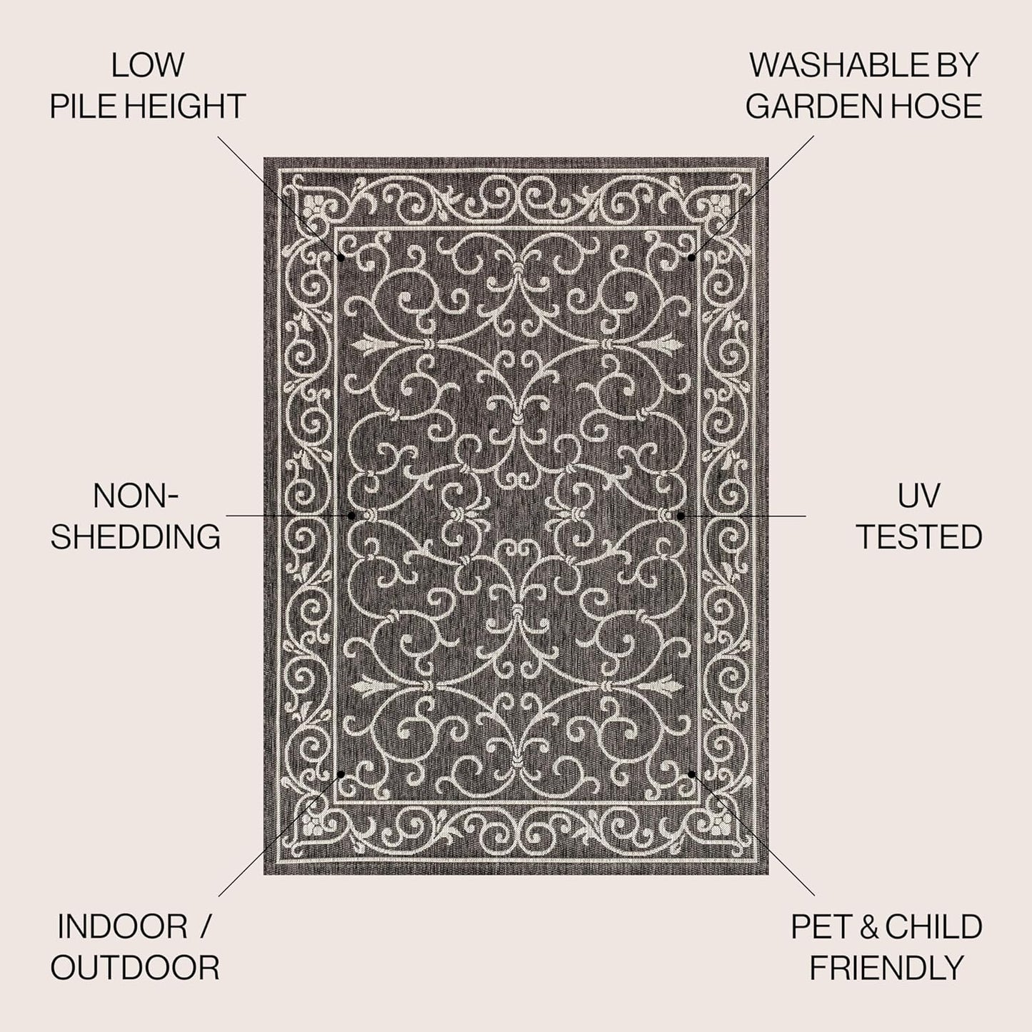 JONATHAN Y SMB106G-6R Charleston Vintage Filigree Textured Weave Black/Gray 6' Round Indoor/Outdoor Area Rug, Pet Friendly, Non-Shedding, Stain Resistant, Easy-Cleaning for Backyard, Patio, Porch