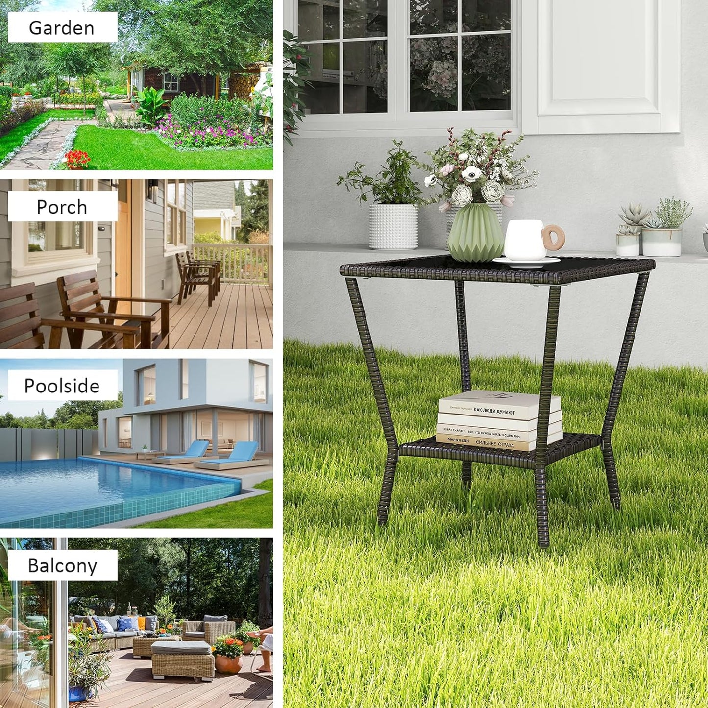 Outdoor Small Patio Table - PE Rattan Coffee Table, Wicker Side Table for Patio, Balcony & Porch, Durable & Iron Frame (2, Black Brown)