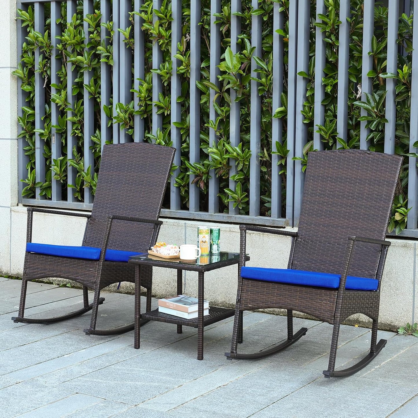 Outdoor Rocking Chairs Set - 3 High-Backed Patio Rockers with Bistro Table & Anti-Slip Cushions, Dark Blue