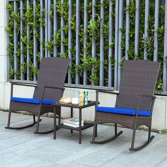 Outdoor Rocking Chairs Set - 3 High-Backed Patio Rockers with Bistro Table & Anti-Slip Cushions, Dark Blue