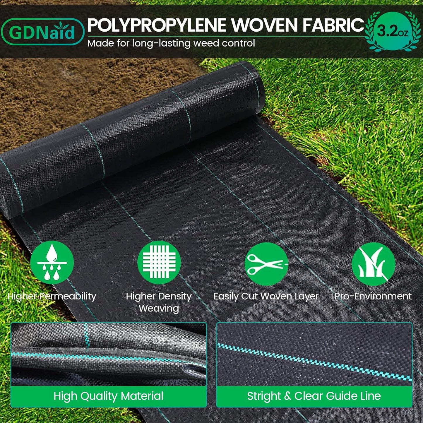 Weed Barrier 6ftx100ft Landscape Fabric Roll, Premium 3.2oz Black Weed Barrier Fabric Garden Landscaping Fabric