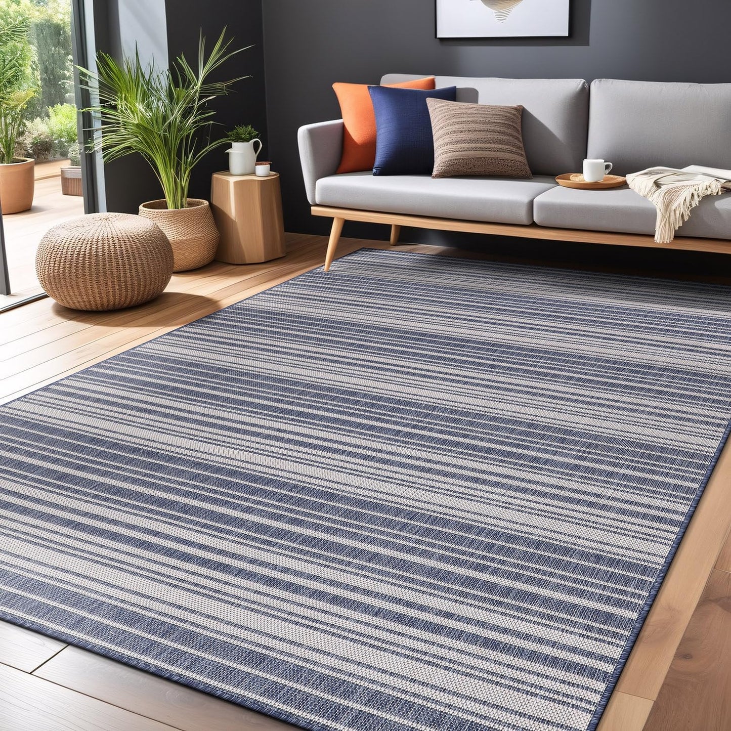 Stripe Outdoor Rug 5x7 Washable Outside Carpet for Indoor Patio Porch Waterproof Easy Cleaning Non Shedding Area Rugs Blue 5 x 7