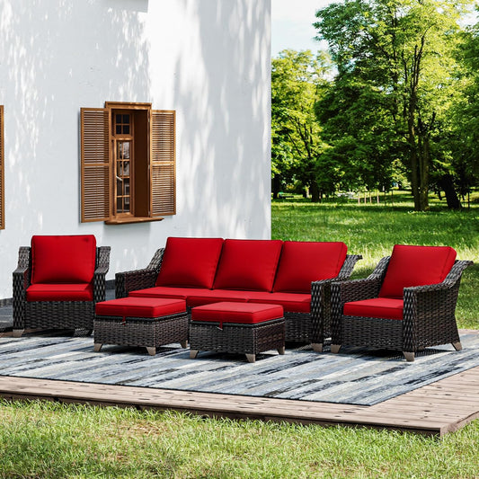 Joyside Wicker Patio Furniture Sets, 5 Pieces Upgraded Large Size Outdoor Furniture with Patio Dining Chairs, 3-Seat Sofa and Outdoor Ottoman, Thick Cushions, Wide Armrest
