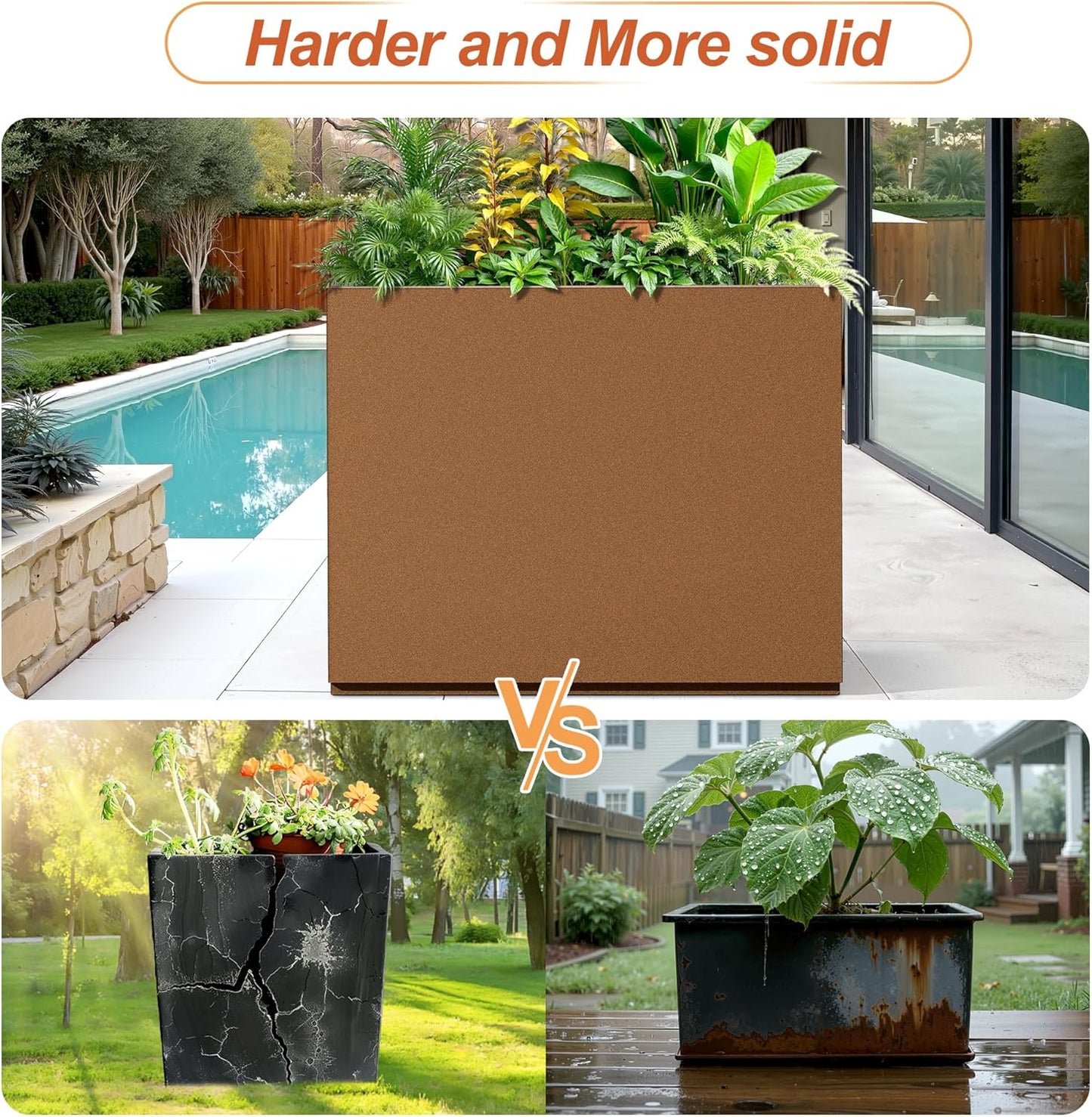 Metal Rectangular Planter for Outdoor Plants, Coated Large Planter Box with Drainage, Outdoor Patio PLanters with Sturdy Thickened Divider for Yard, Garden