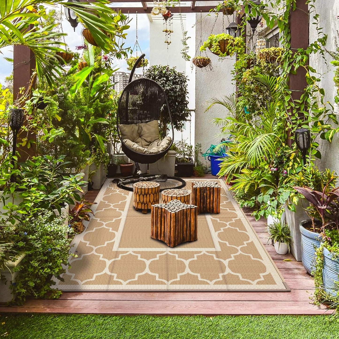 GENIMO 9' x 12' Outdoor Rug for Patio Clearance, Waterproof Indoor Outdoor Plastic Straw Rugs Carpet, Reversible Outside Area Rv Mat for Camping, Balcony Porch, Deck, Picnic, Beach (Brown & Beige)