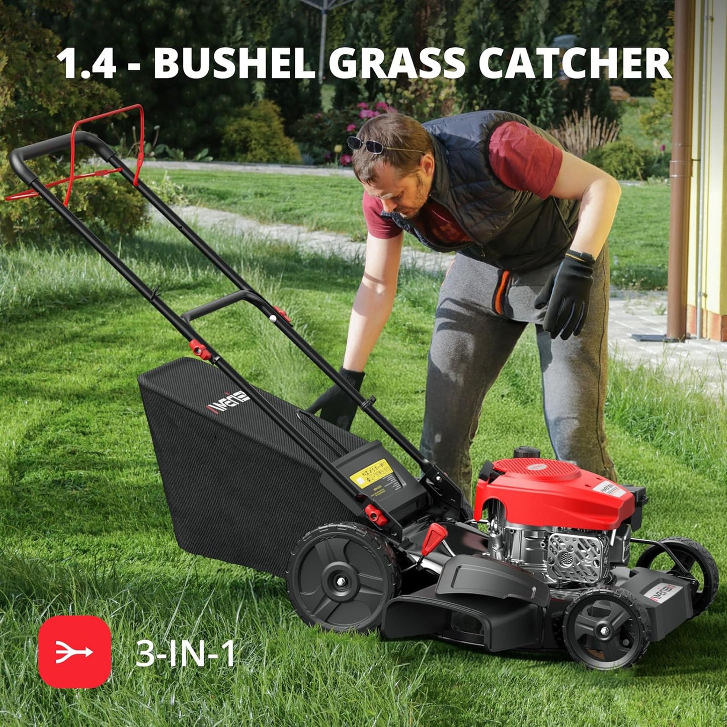21" Gas Lawn Mower, Self-propelled Lawn Mower 3-in-1, 170cc OHV Engine with Forced Air Cooling, 6 Cutting Heights, 1.4-Bushel Grass Catcher