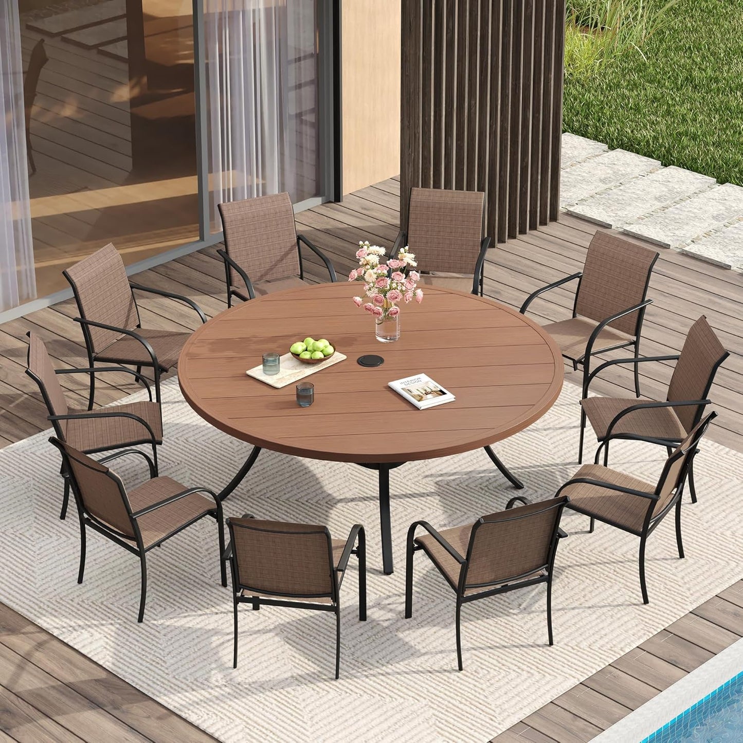 VICLLAX 11 Pieces Patio Dining Set for 10, Outdoor Furniture Set Includes 60" Round Outdoor Table and 10 Lawn Stackable Chairs, Walnut Wood-Like Tabletop and Brown Fabric