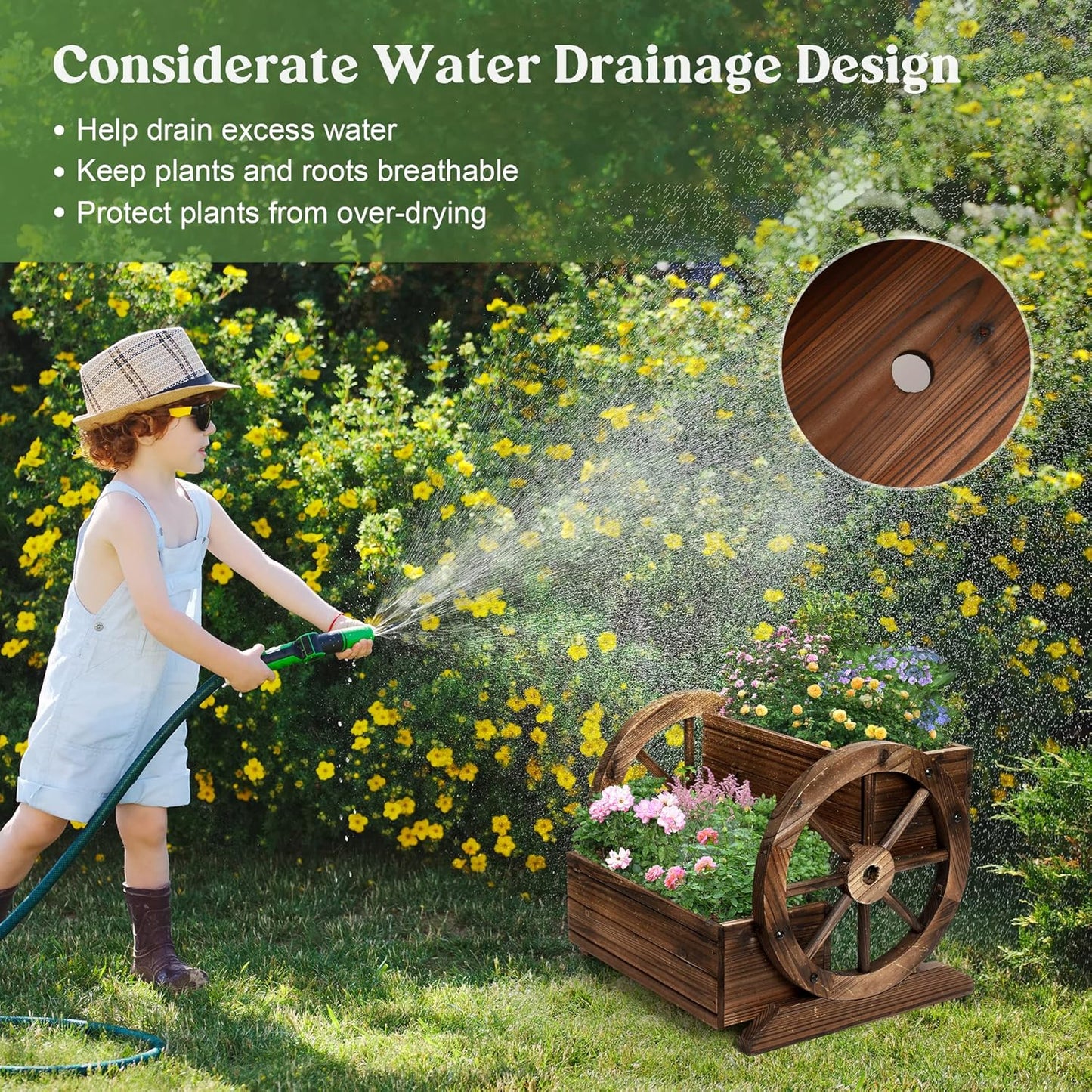 2PCS Wooden Wagon Planter Box, Garden Planter with Wheels,Decorative for Flowers Herbs Vegetables for Indoor & Outdoor Decor,Wooden Flower Cart for Patio Garden Balcony