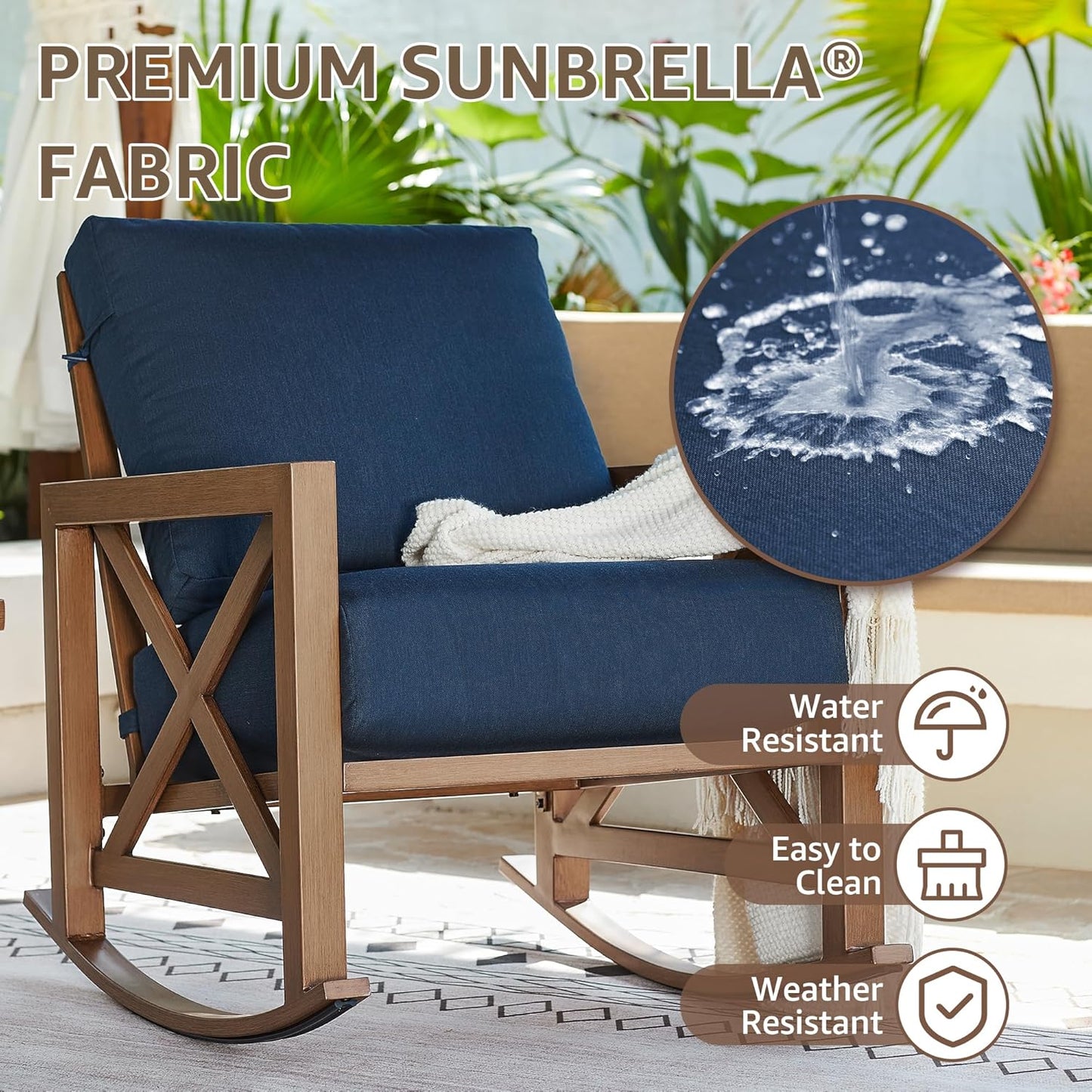 NATURAL EXPRESSIONS Sunbrella Rocking Bistro Set, 3 Piece Outdoor Patio Conversation Furniture Set with 6.5'' Thick Cushions Wood Grain Finish Frame for Backyard,Porch,Poolside