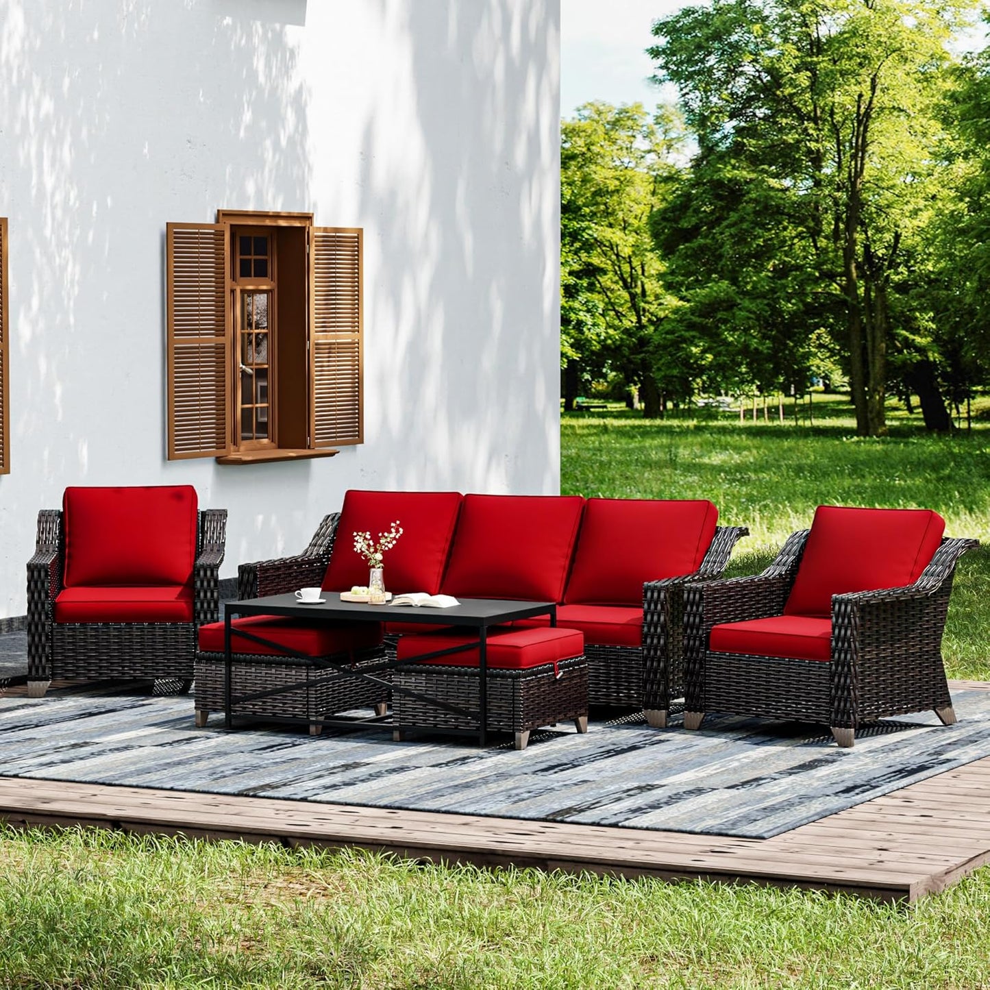 Joyside Wicker Patio Furniture Sets, 6 Pieces Upgraded Large Size Outdoor Furniture with Patio Dining Chairs, 3-Seat Sofa and Outdoor Ottoman, Thick Cushions, Wide Armrest