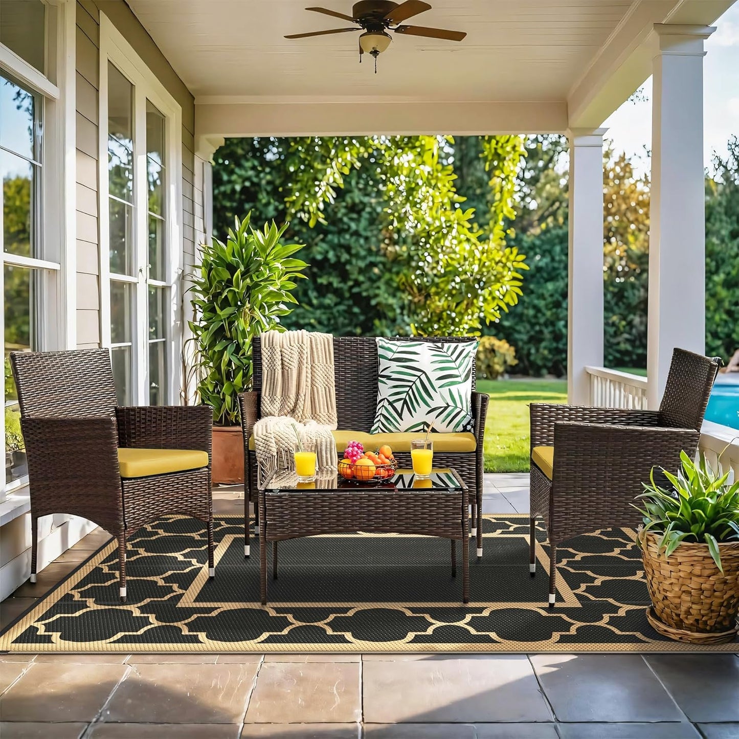 GENIMO 5' x 8' Outdoor Rug Waterproof for Patio Decor, Foldable Reversible Plastic Straw Area Rugs Mat for Camper, Outside Carpet for Rv, Deck, Porch, Picnic, Beach, Balcony, Black & Brown