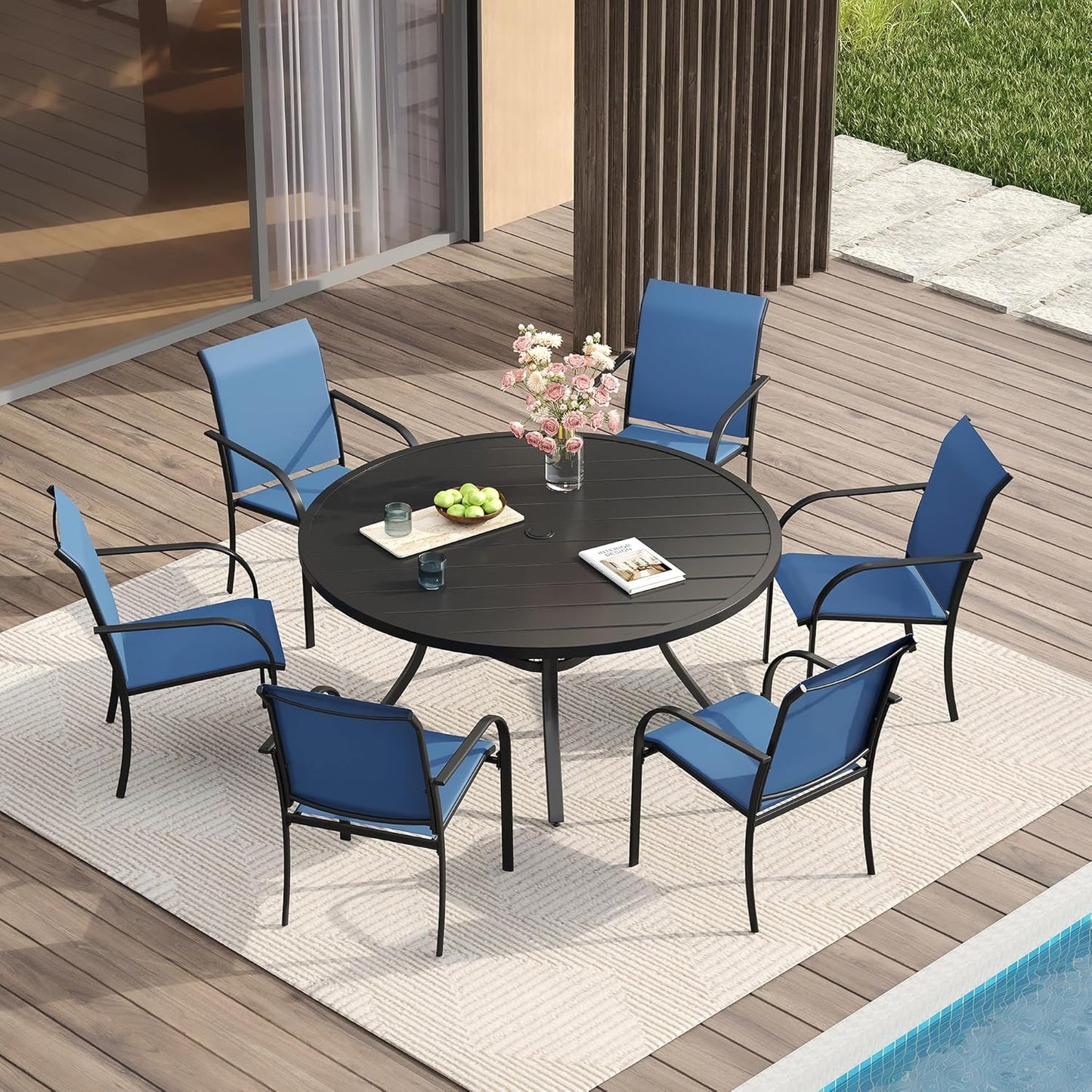 VICLLAX 7 Pieces Patio Dining Set, Outdoor Furniture Set Includes 47.2" Round Patio Table and 6 Patio Sling Chairs, Black Tabletop and Blue Fabric