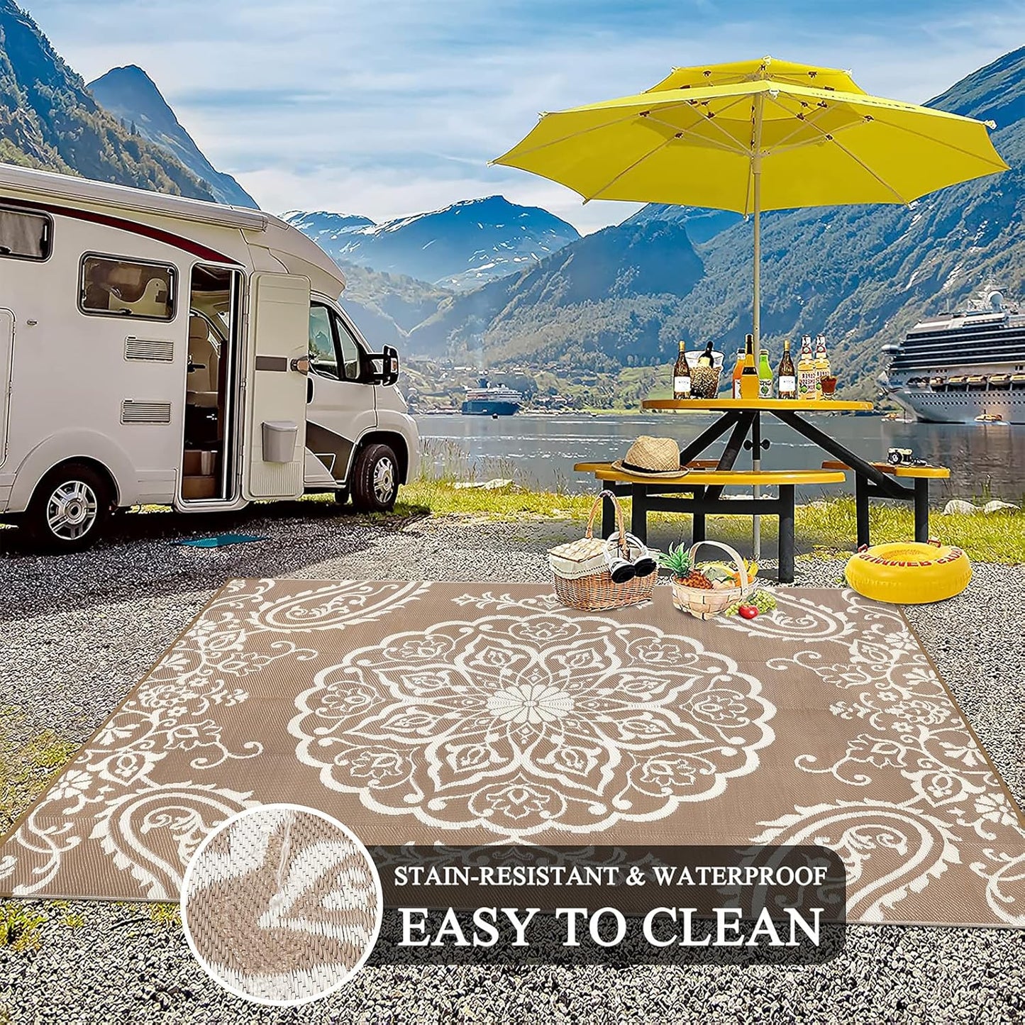 Pauwer Waterproof Outdoor Rug 10x14, Reversible Plastic Straw Patio Camping Rug, Indoor Outdoor RV Mat Carpet for Deck, Camper, Porch, Balcony, Backyard, Picnic, Boho Brown