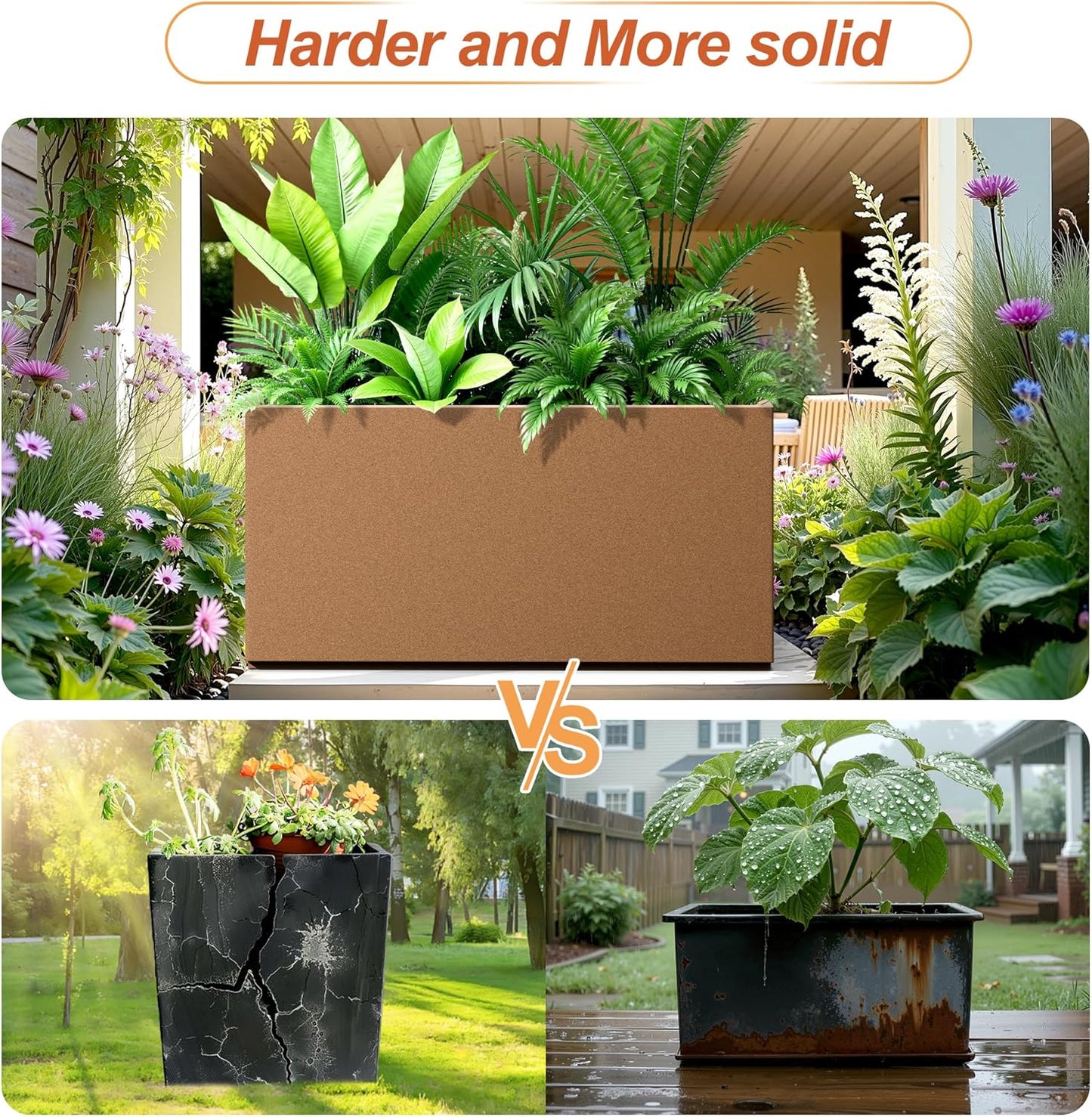 Metal Rectangular Planter for Outdoor Plants, Coated Large Planter Box with Drainage, Outdoor Patio PLanters with Sturdy Thickened Material for Yard, Garden