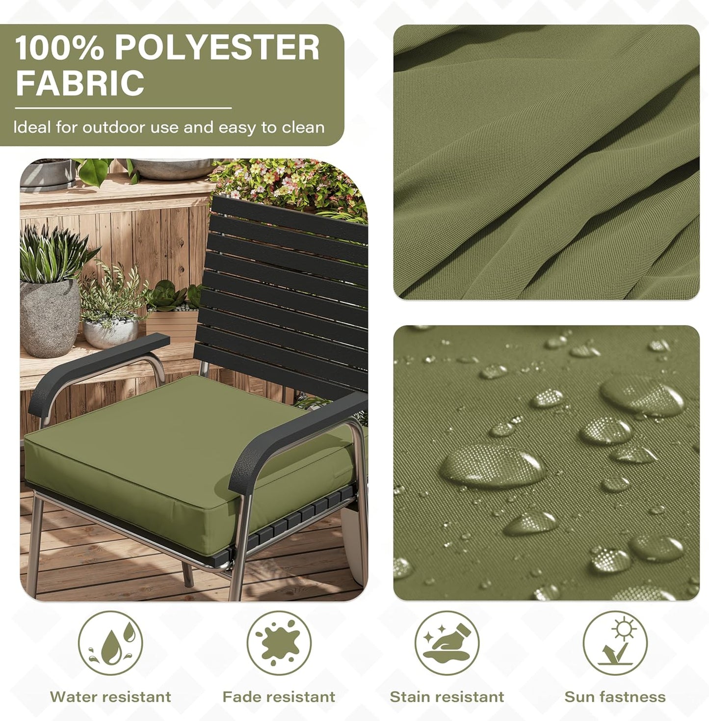 Patio Chair Cushions 19 X 19 X 4 Inch Waterproof Outdoor Seat Cushions for Patio Furniture, Outdoor Sofa Couch Pads with Ties & Handle, Set of 2, Light Green