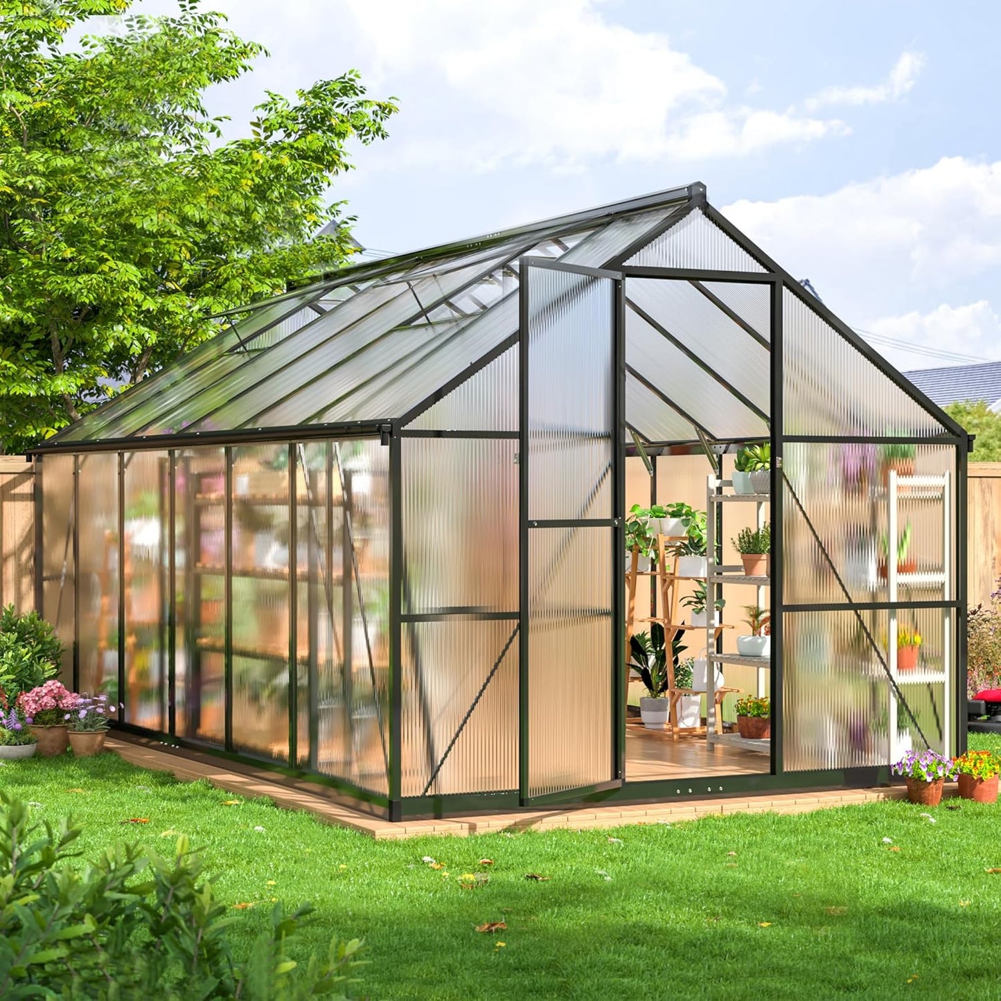 8x12 FT Greenhouse for Outdoors, Quick Setup Polycarbonate Greenhouse with Roof Vent, Aluminum Large Walk-in Green House for Outside Garden Backyard, Black