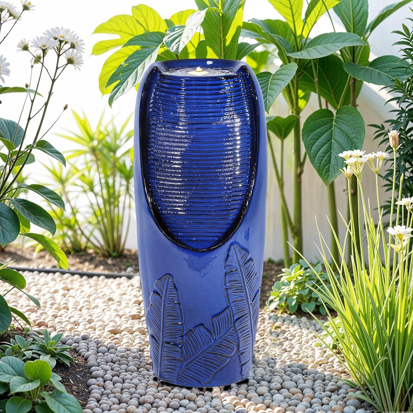 Autodaya 33" H Outdoor Garden Fountain with LED Lights, Modern Ceramic Jar Water Fountain, 3D Tropical Leaf Pattern, Cobalt Blue Glaze, Soothing Cascading Waterfall for Relaxing Patio, Yard, Porch