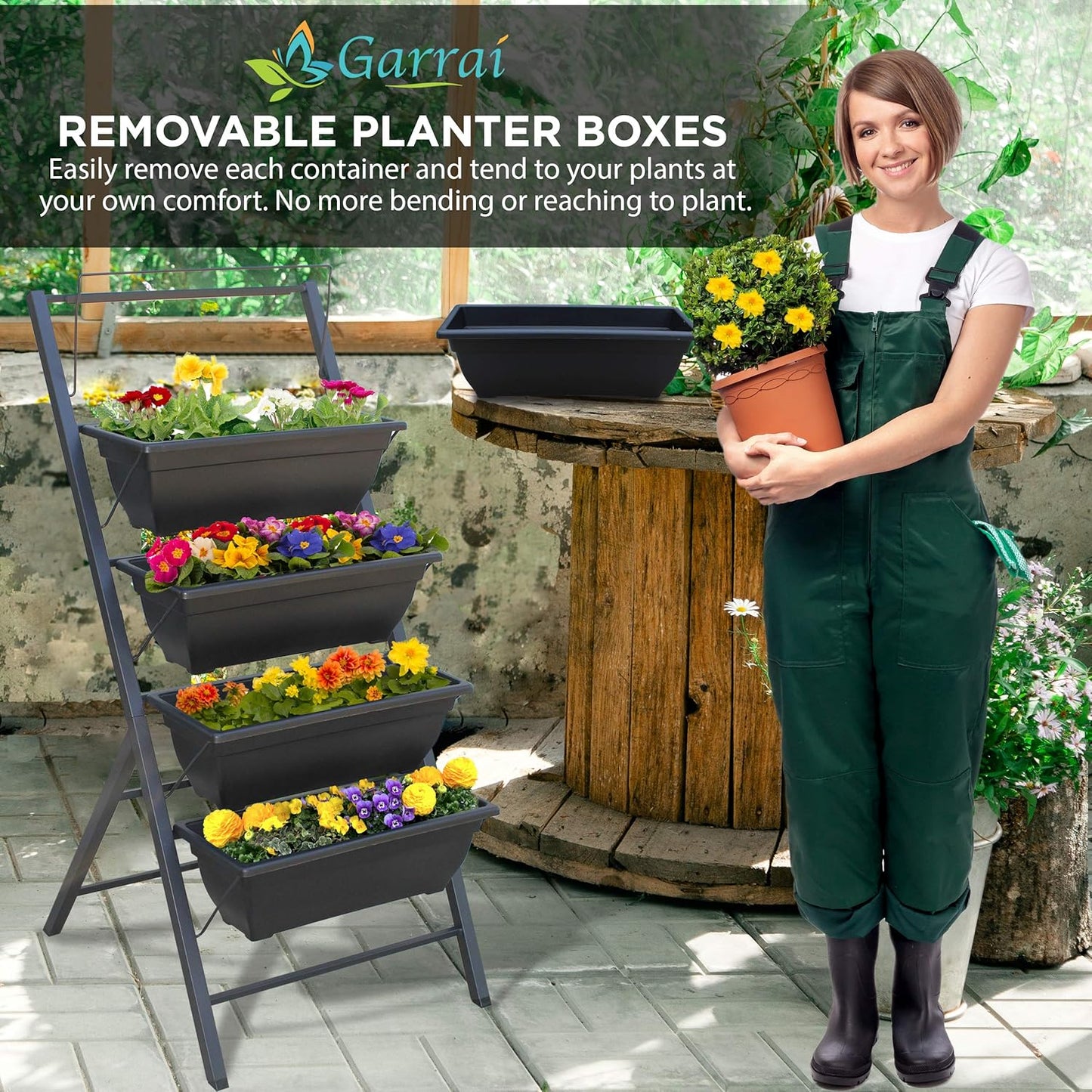 Vertical Garden Planter. Sturdy Metal Five (5) Tiered Raised Planting Box with Removable Containers. Stands 3 3/4 feet high. Indoor or Outdoor Plants, Flowers, Herbs, Vegetables or Seeds.