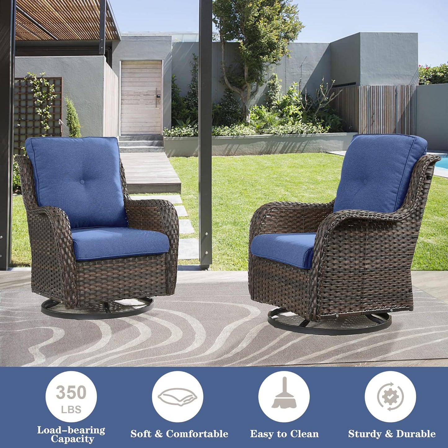 Wicker Patio Furniture Sets - 8 Piece Outdoor Rattan Furniture Conversation Sets with 4 Swivel Rocker Chairs, Rattan Sofa, Wicker Ottomans and Coffee Table, Brown/Blue