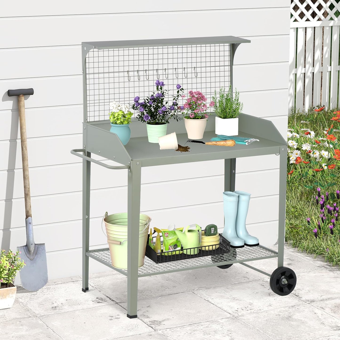 Outdoor Metal Potting Bench with Wheels, Heavy Duty Garden Workbench Table with Storage Shelf (Green, 52.8"x36.6")