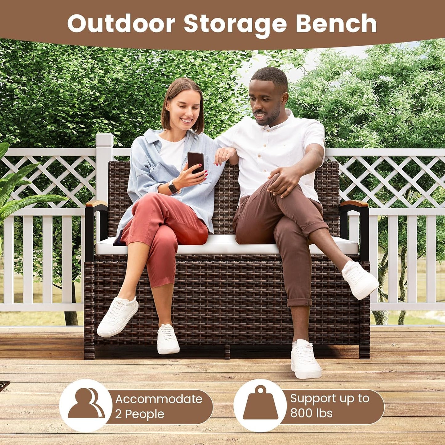Tangkula 46 Gallon Outdoor Bench with Storage, Outdoor PE Rattan Storage Bench with Cushion, Backrest & Acacia Wood Armrests, Metal Frame, Waterproof Deck Box Seat for Porch Backyard Poolside