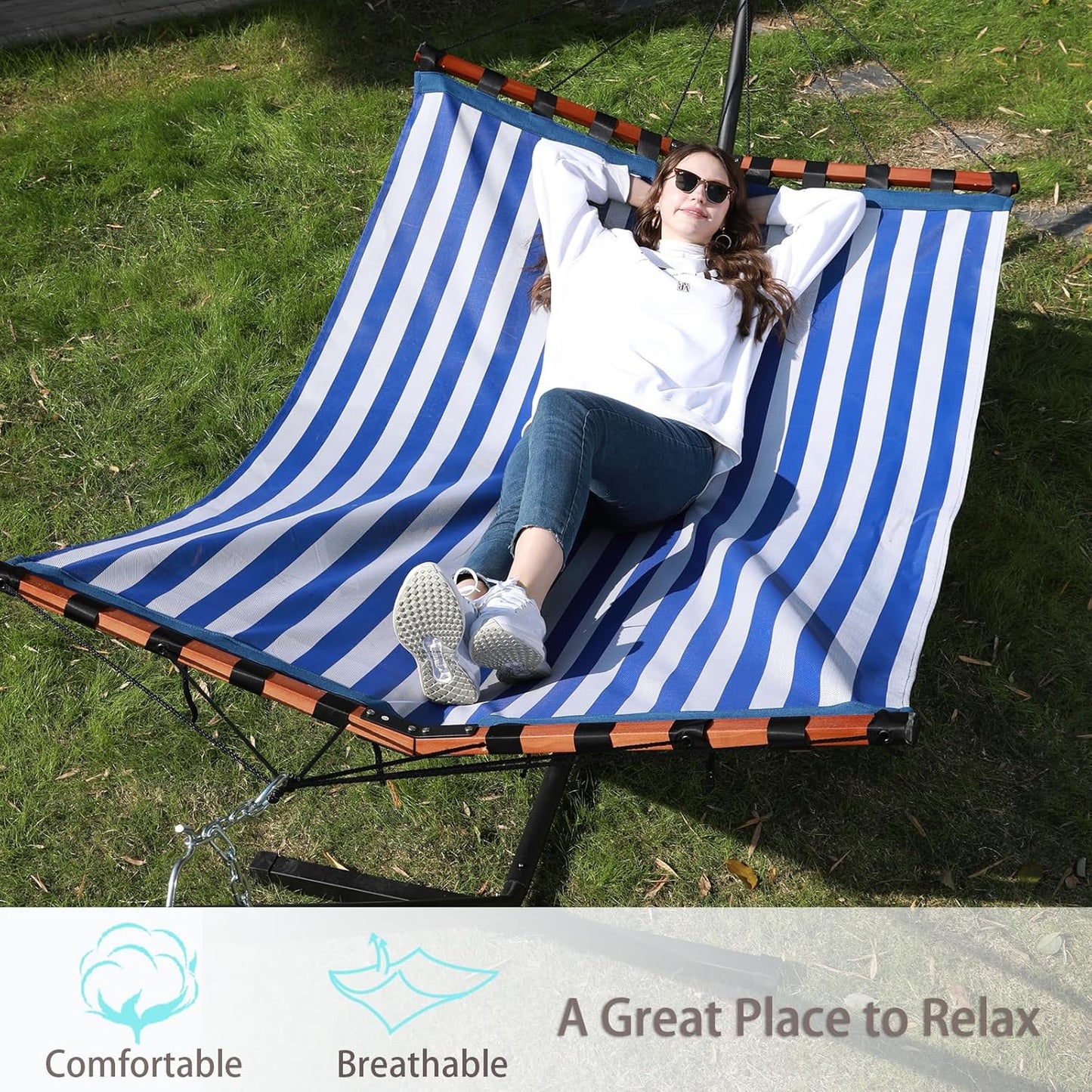 TegerDeger 12FT 2 Person Hammock with Stand Included 55 x 79IN Large Hammock Quick Dry 450LB Capacity with V Shaped Hardwood Spreader Bar & Nylon Rope for Outside, Patio, Garden - Tender Blue Stripes