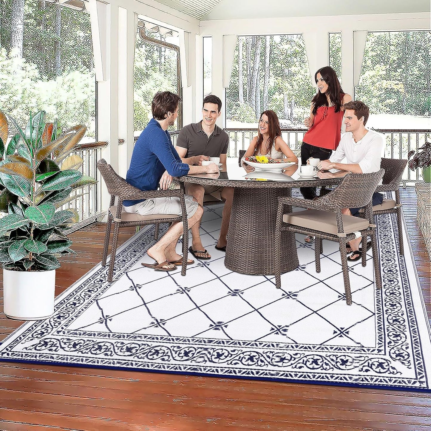 Outdoor Rug 8'x10' for Patios Waterproof Patio Rugs Outdoor Mats for Front Porch,Beach Mat,Reversible Plastic Straw Camping Rugs for Outside RV,Deck,Balcony,Backyard Navy Blue
