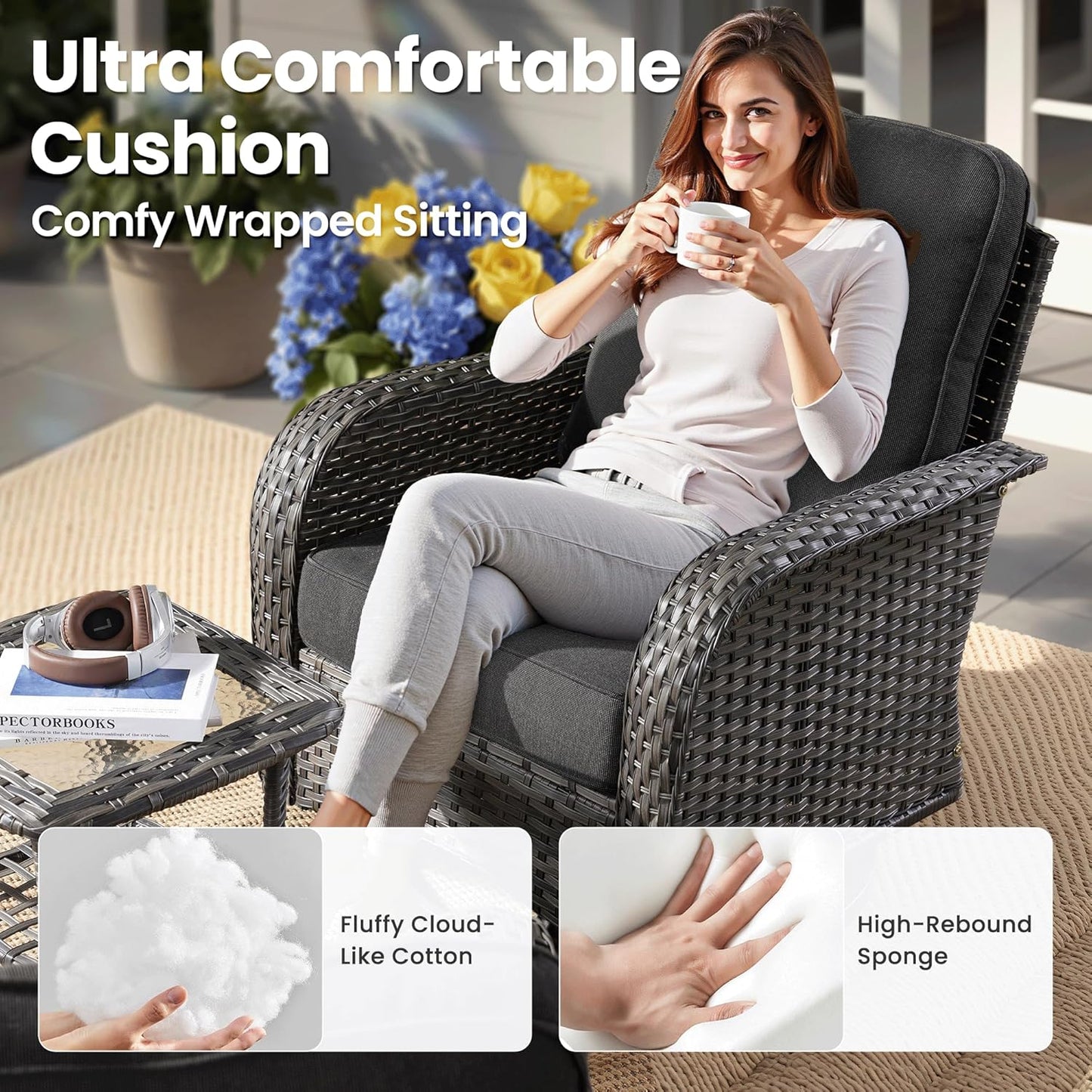 ovios 8 Pieces Patio Furniture Set, Outdoor Wicker Sofa with Swivel Chairs, Coffee Table, All Weather High Back Rattan Loveseat Couch with Comfy Cushions, Black