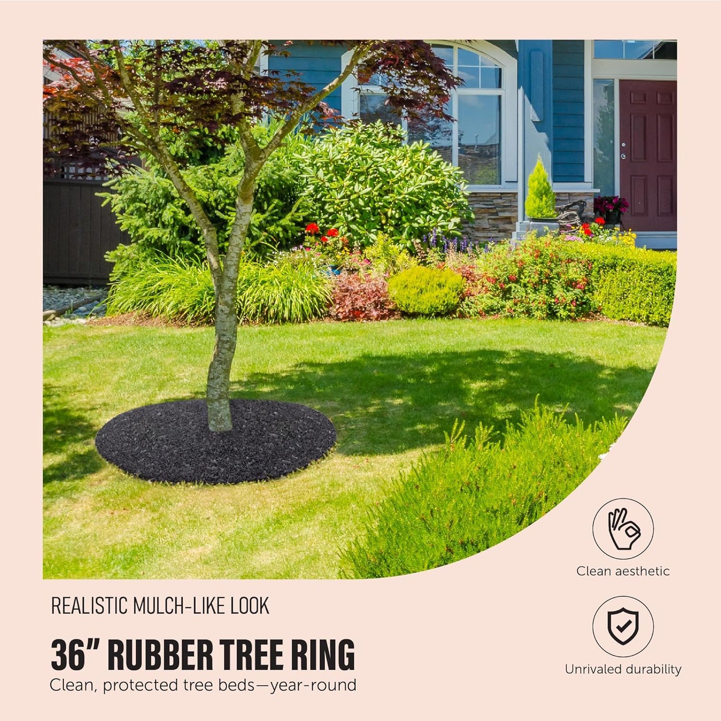 Rubberific 36" Recycled Rubber Mulch Tree Ring Easy Install Looks Like Real Mulch 1 Pack - Black
