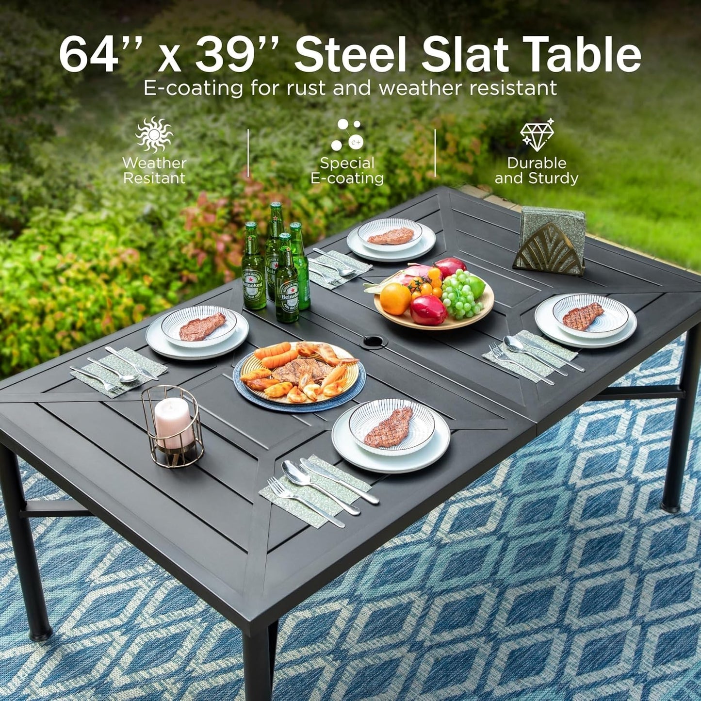 PHI VILLA 64" Large Metal Patio Dining Table Steel Rectangular Outdoor Table, Weather-Resistant Table with 1.77" Umbrella Hole for Lawn Backyard Garden, Black
