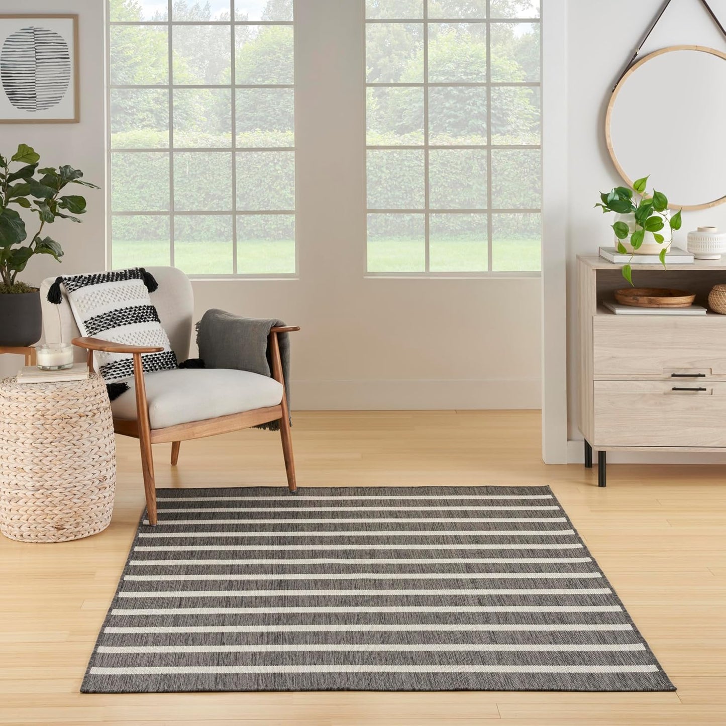 Nourison Home Positano 7' x 10' Indoor/Outdoor Charcoal Striped Area Rug, Easy Cleaning, Non Shedding, Bedroom, Living Room, Dining Room, Deck, Backyard, Patio
