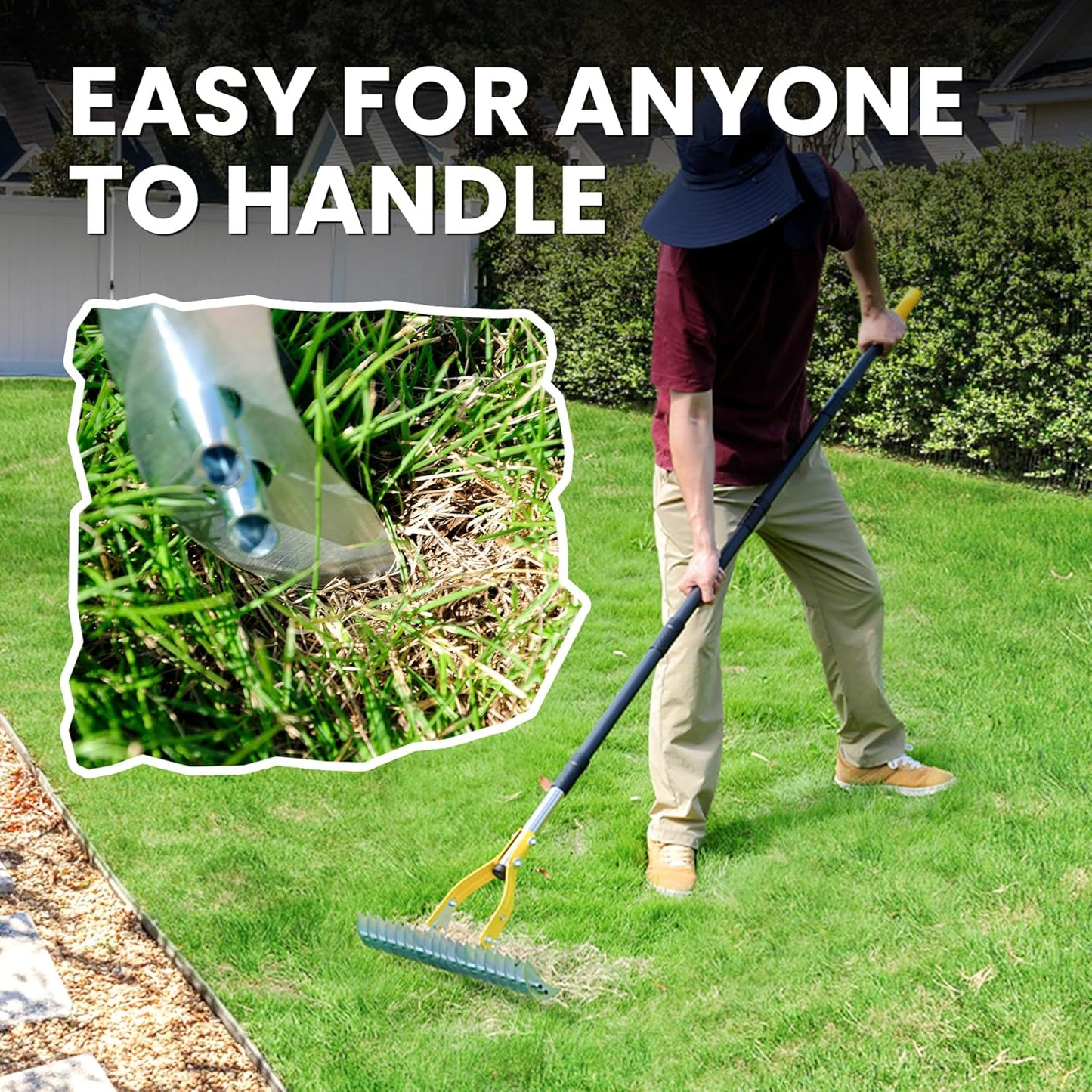 Thatch Rake for Lawn with 74inch Handle, 15 inch Dethatcher Rake for Grass to Cleaning Dead Grass, Efficient Steel Metal Rake for Dethatching, Heavy Duty Thatching Rakes for Garden, Yard