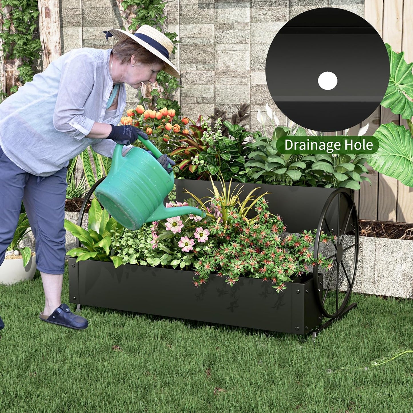 Metal Wagon Planter Box, 2-Tier Garden Planter with Wagon Wheels, Decorative Outdoor Planters for Flowers Herbs Vegetables, Flower Cart Small Raised Garden Bed for Patio, Balcony (Black)