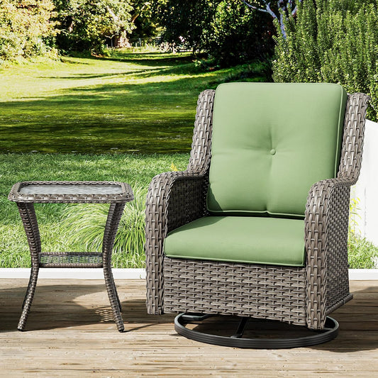 Joyside Outdoor Swivel Rocker Patio Chair and Matching Side Table - 2-Piece Wicker Patio Bistro Set with Premium Fabric Cushions (Brown Mixed with Grey/Green)